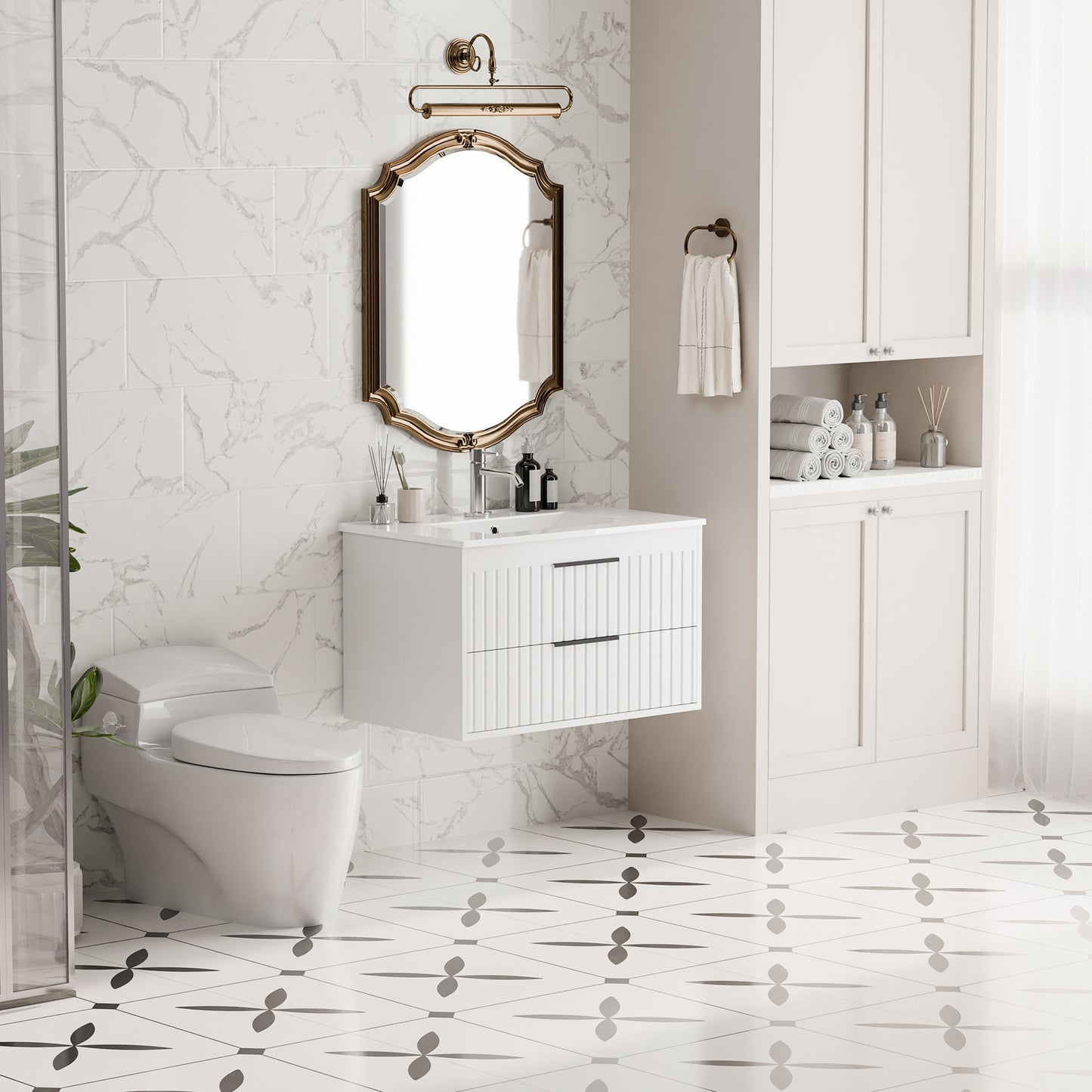 Tolead 30-Inch Floating Bathroom Vanity with Sink, White Ceramic Cabinet with 2 Drawers