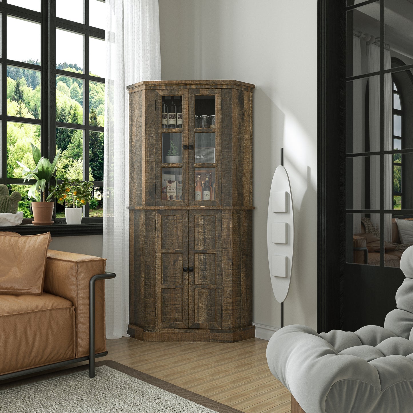 Tolead 67" Tall Farmhouse Corner Cabinet, 6 Tier Height-adjustable Corner Pantry Cabinet with Glass Door