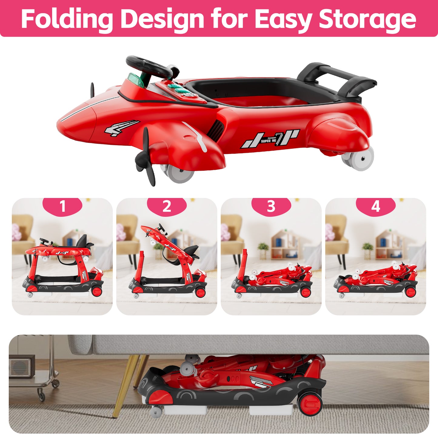 Tolead 4-in-1 Foldable Baby Walker, Activity Push Walker for 6-18 months, 24" x 29" x 22",Red