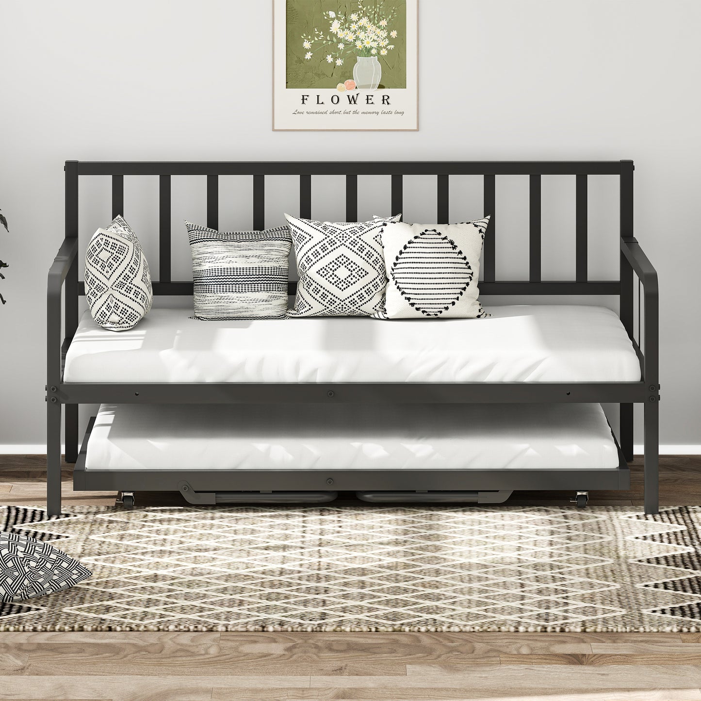 Tolead Twin Daybed with Trundle, Metal Sofa Bed Frame with LED and Charging Station, Black