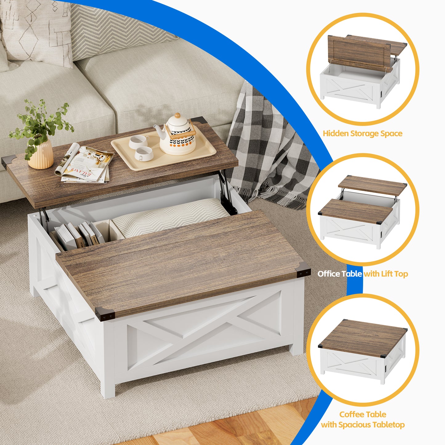 Tolead Lift Top Coffee Table, Farmhouse Wood Coffee Table with Hidden Storage and Charging Station for Living Room