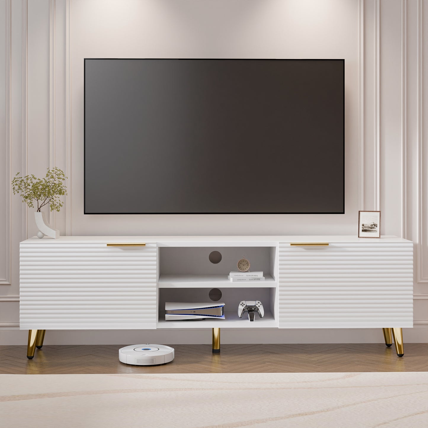 Tolead TV Console Table with Doors and Shelves, TV Stand, Waveform Panel with Gold Metal Legs, Living Room, White
