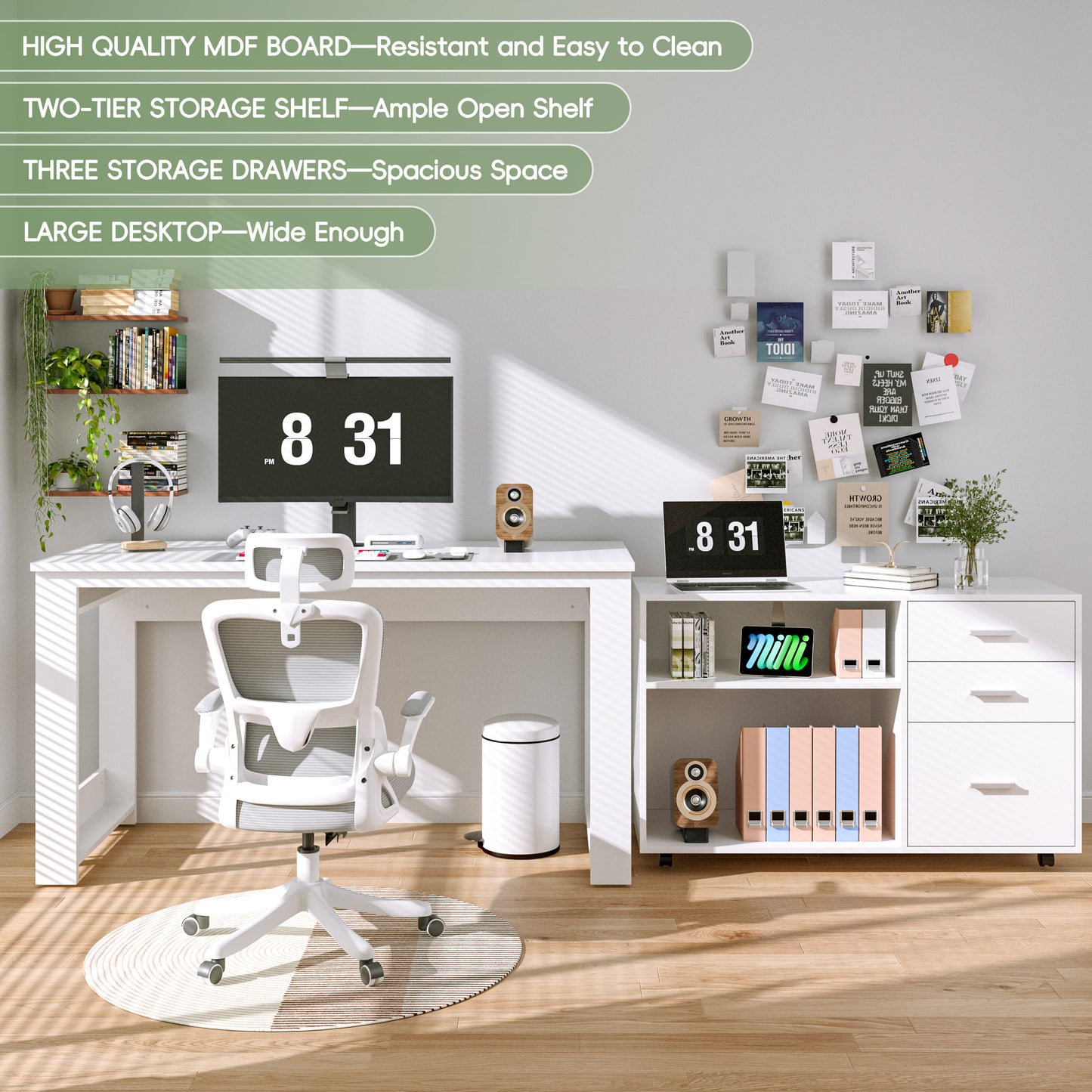 Tolead L-Shaped Desk with Drawers and 2 Shelf, 55 Inch