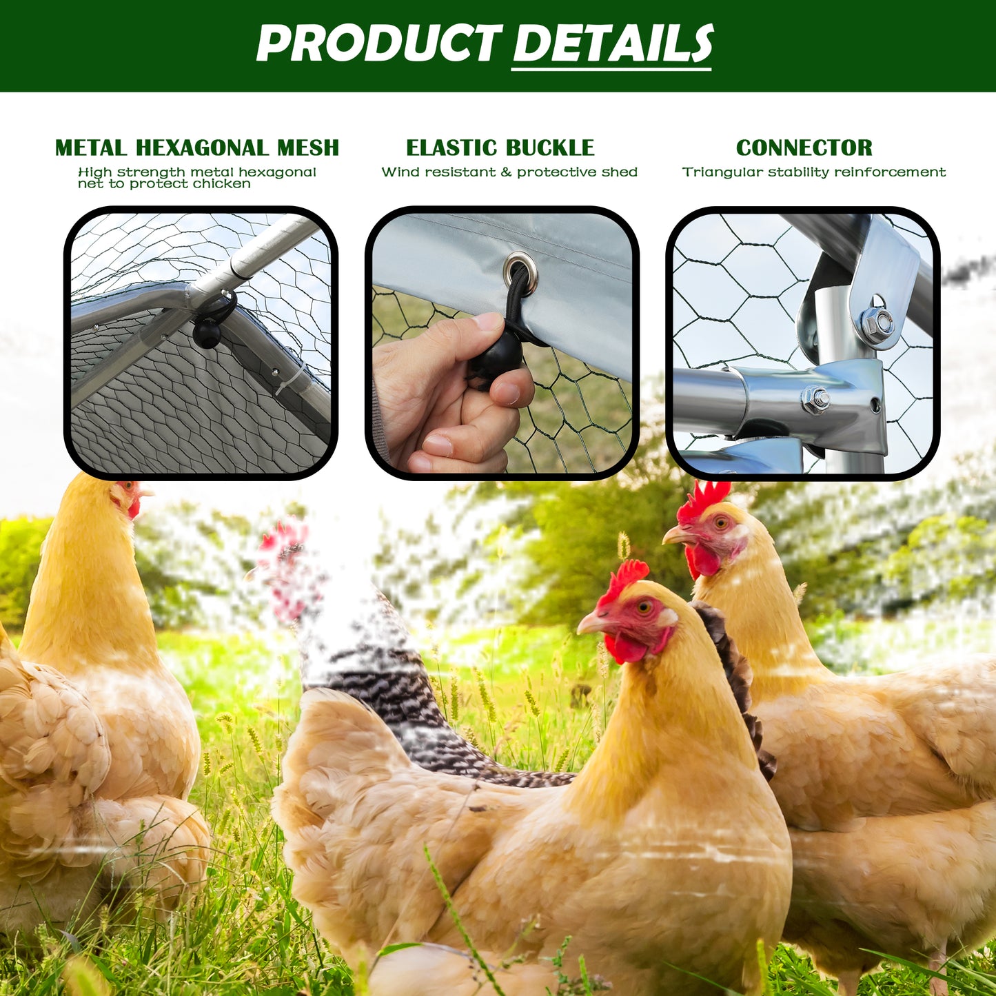 Tolead Large Metal Chicken Coop Upgrade with Tri-Supporting Wire Mesh, Galvanized Steel, Outdoor Chicken Coop with Water-Resident and Anti-UV Cover, Silver