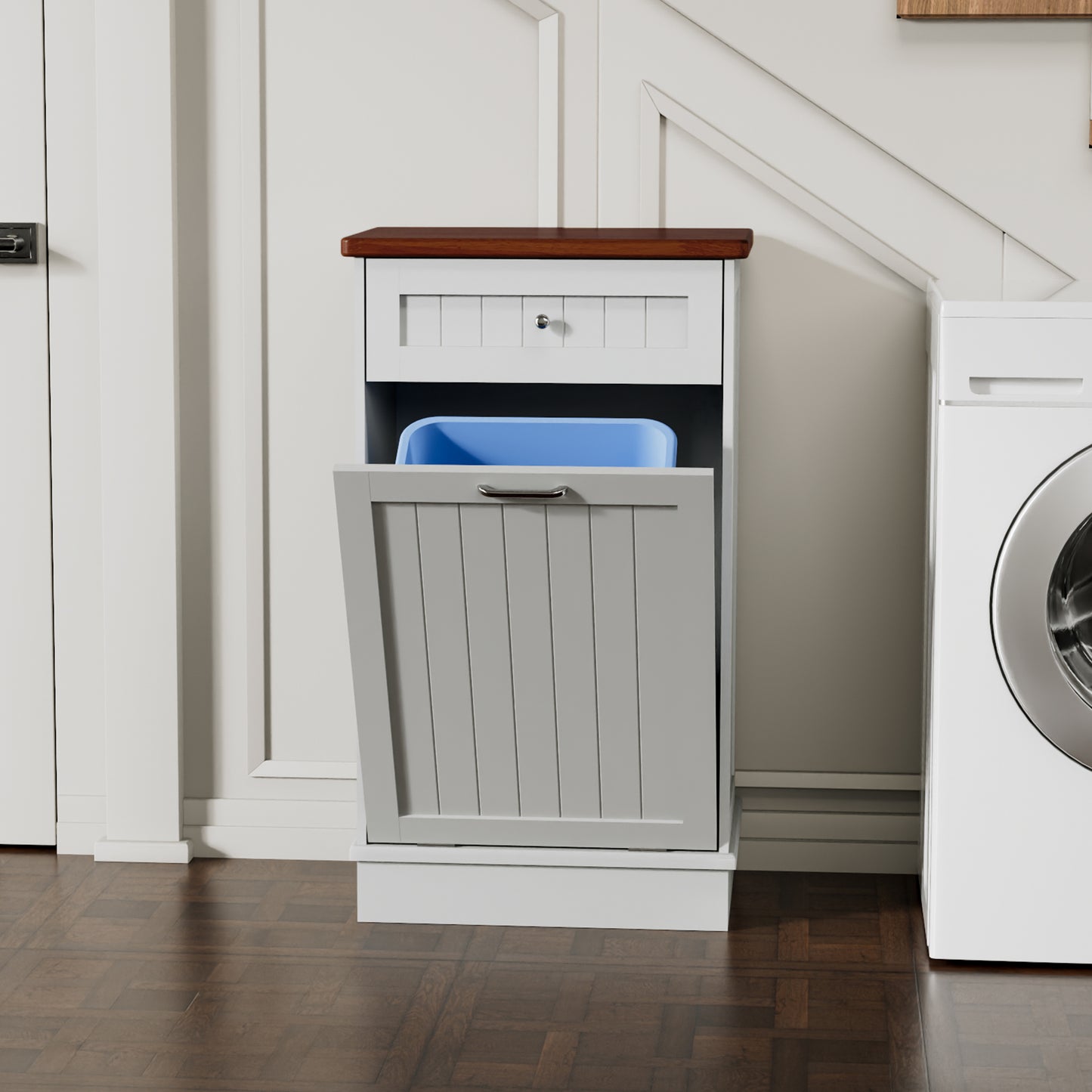 Tolead Single Tilt Out Trash Cabinet with Hideaway Drawer, Coffee, 10 Gallon, White