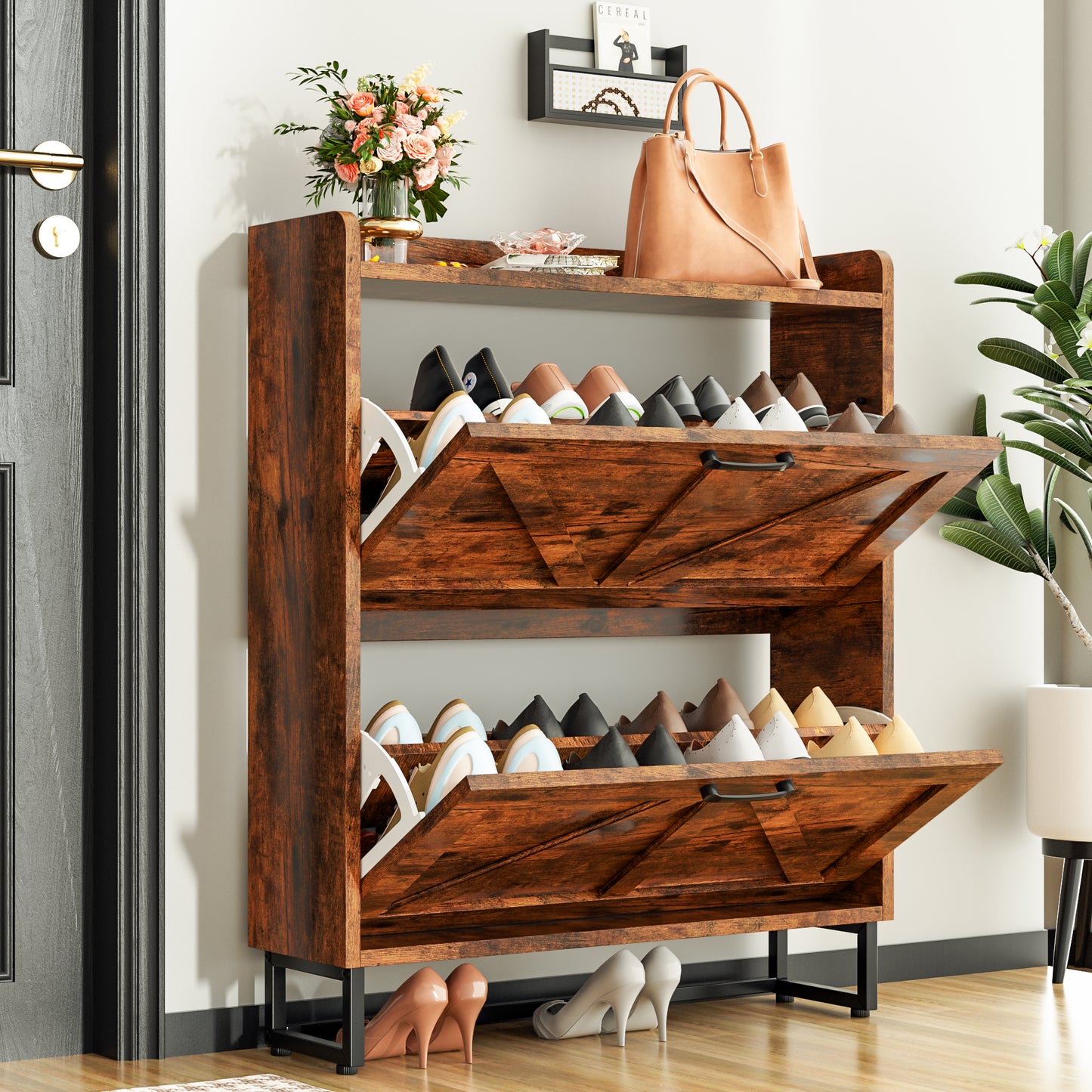 Tolead Shoe Storage Cabinet with 2 Flip Drawers, Metal Legs, Rustic Brown