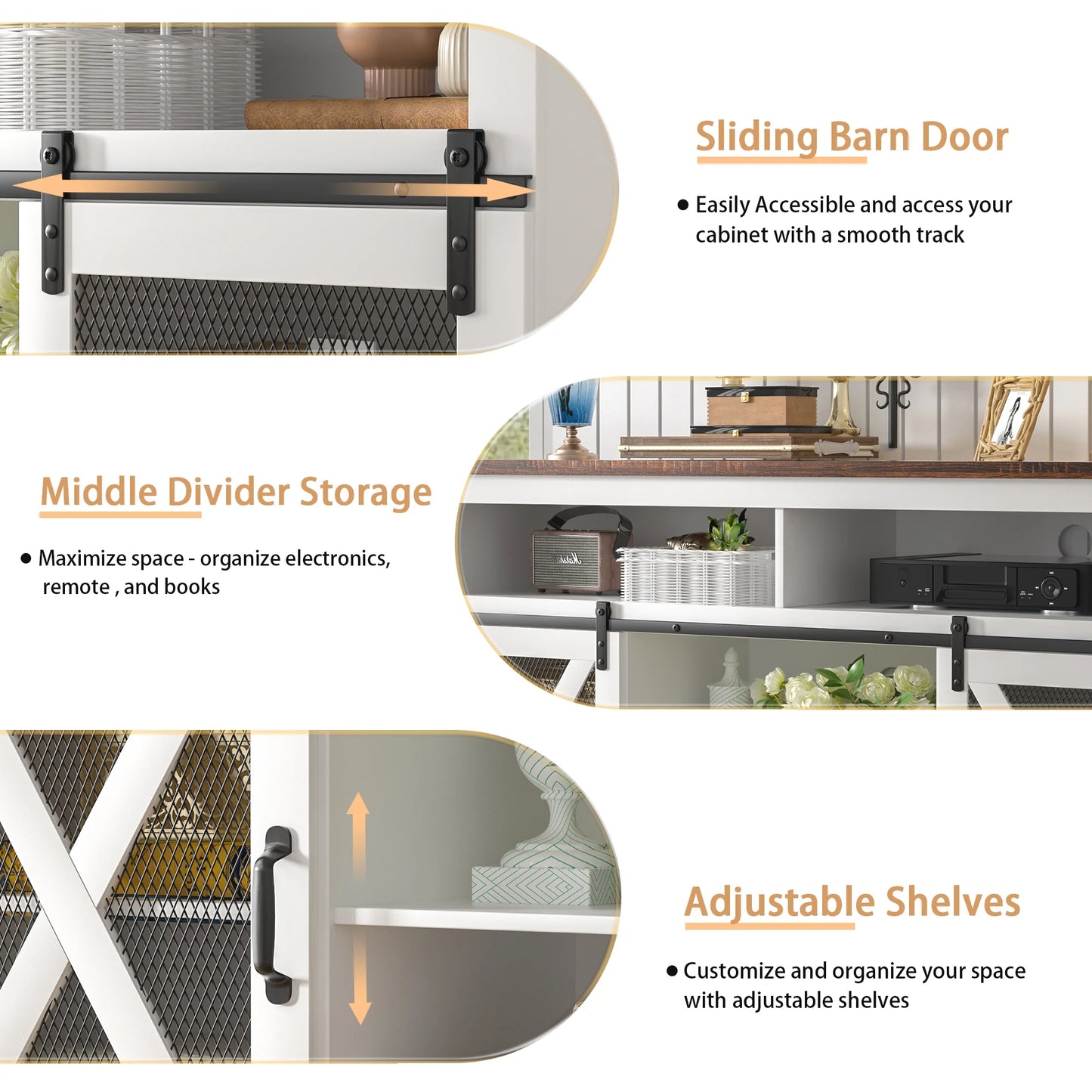 Tolead Farmhouse Style TV Stand for 65"+ TVs, Top, Sturdy, Dvds, Tall Entertainment Center, White