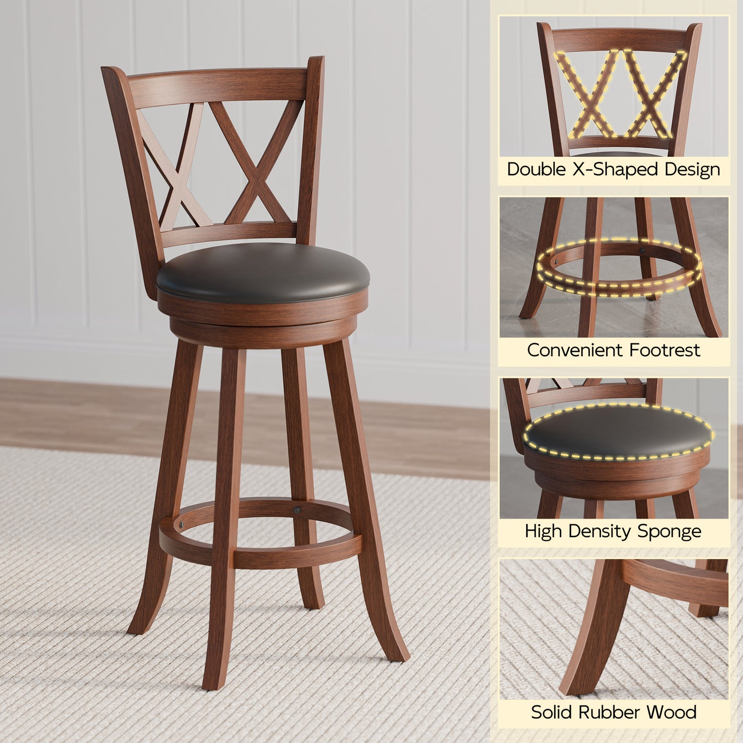 Tolead 2-Piece 24-Inch 360-Degree Swivel Bar Stools with PVC Cushioned Seat