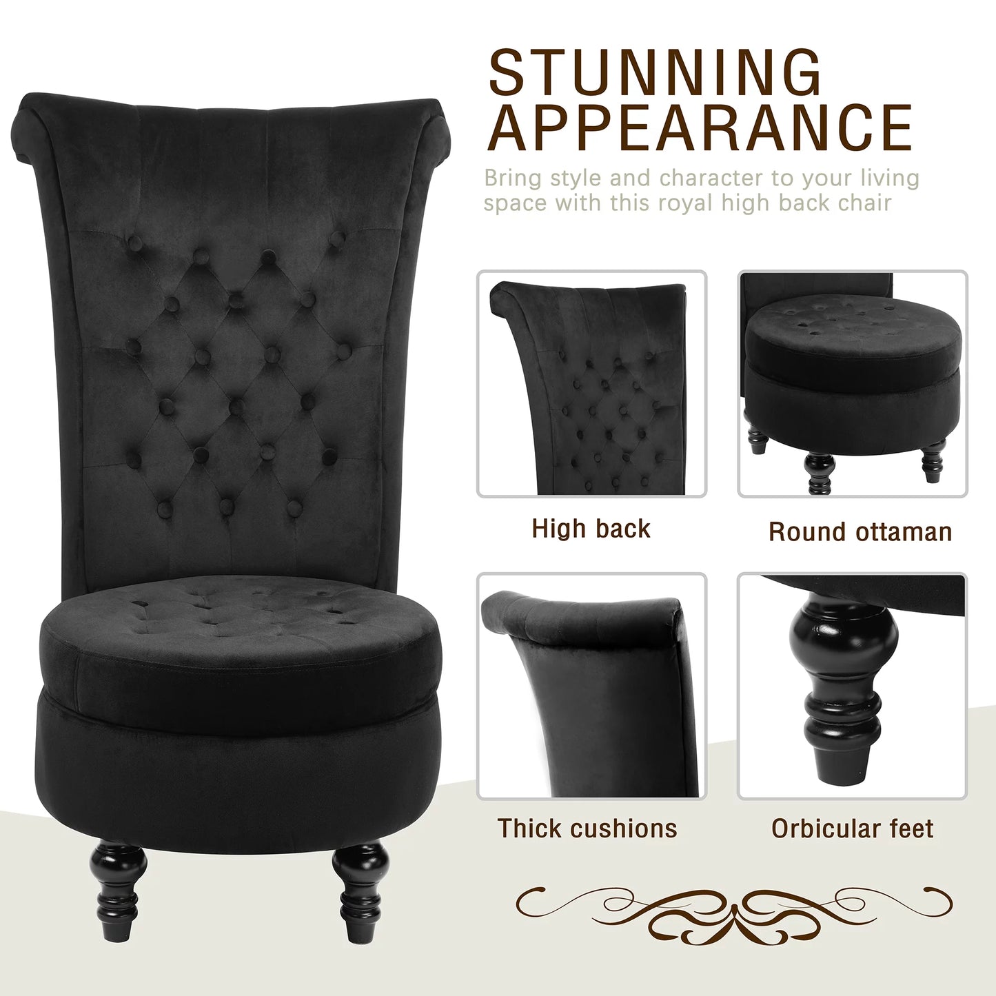 Tolead Royal Velvet High Back Armless Chair w/Storage, Living Room, Furniture, Black