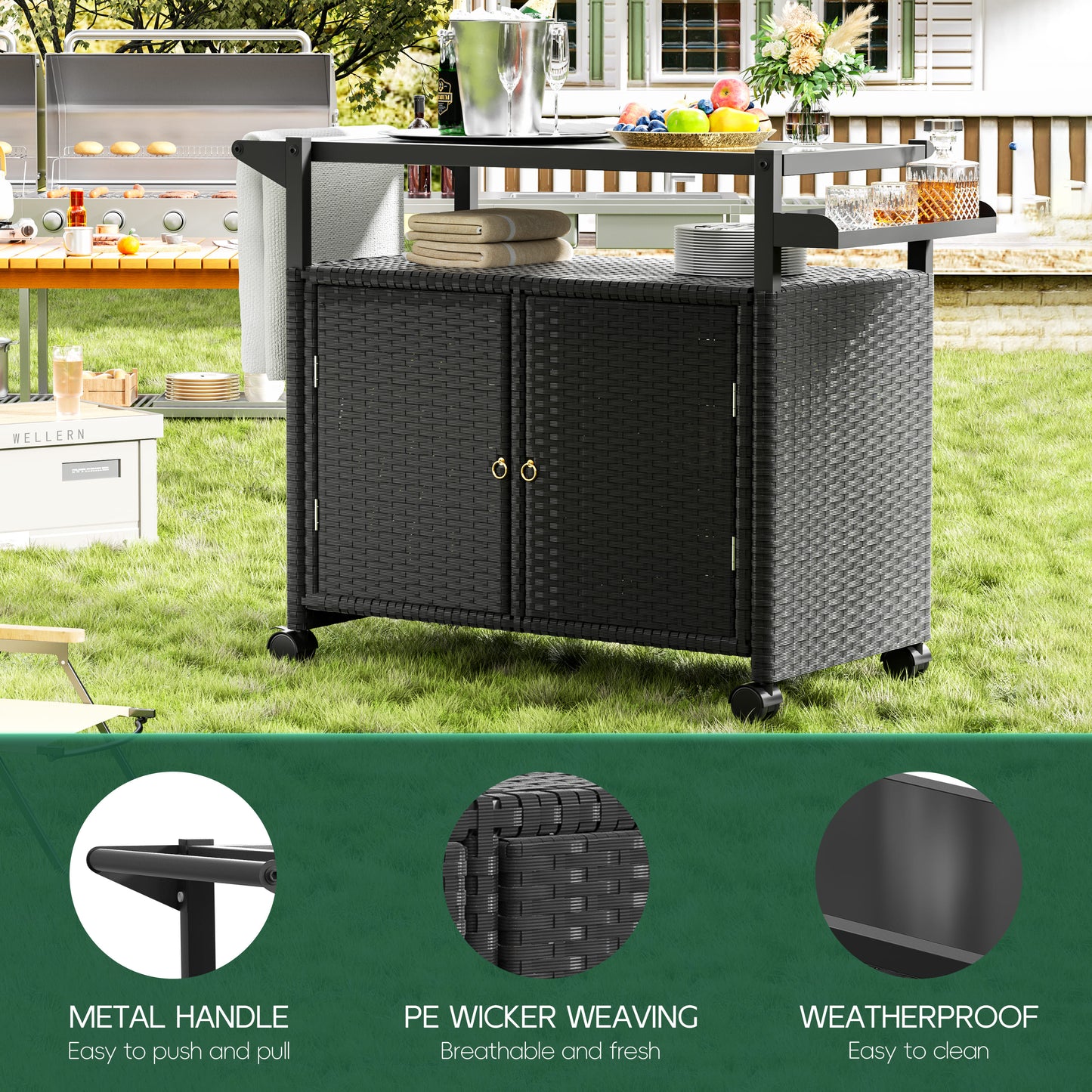 Tolead Outdoor Rolling Wicker Bar Cart, Patio Rattan Wicker Table with Wine Storage and Spice Rack for Pool, Party, Backyard
