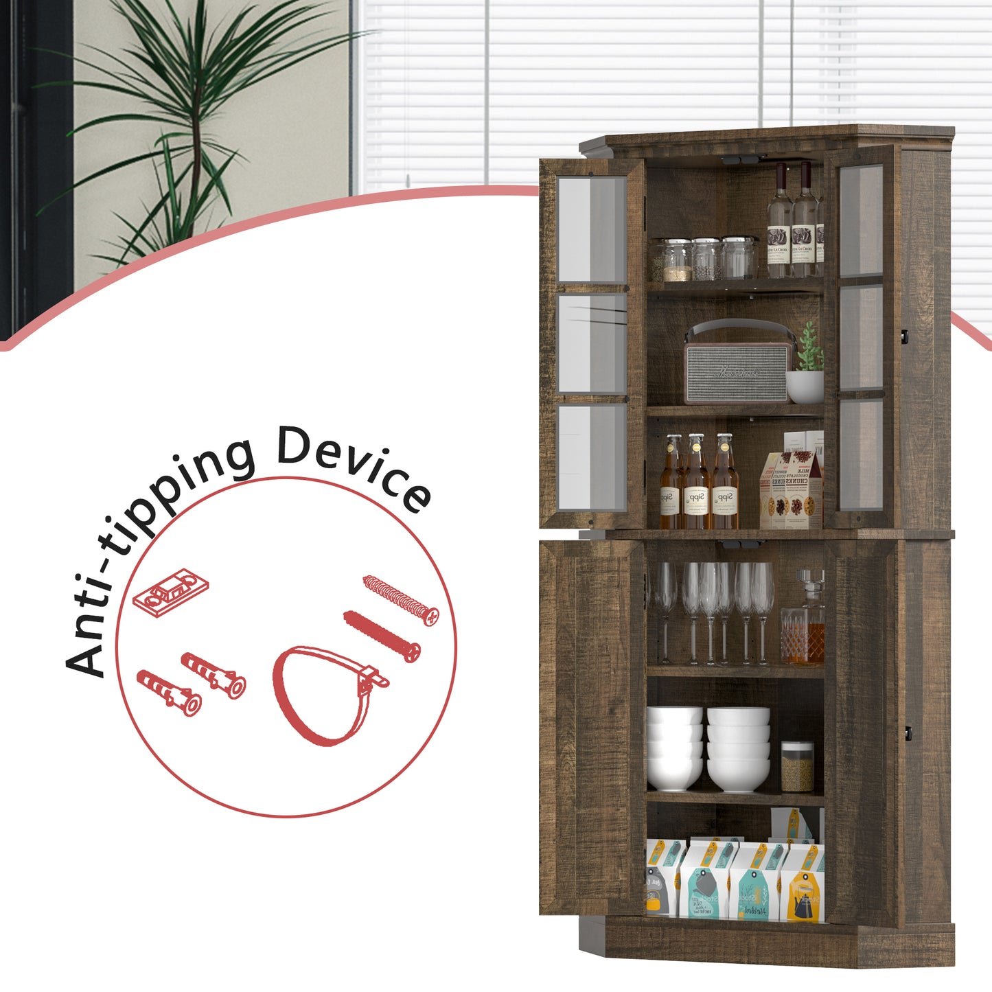 Tolead 67" Tall Farmhouse Corner Cabinet, 6 Tier Height-adjustable Corner Pantry Cabinet with Glass Door