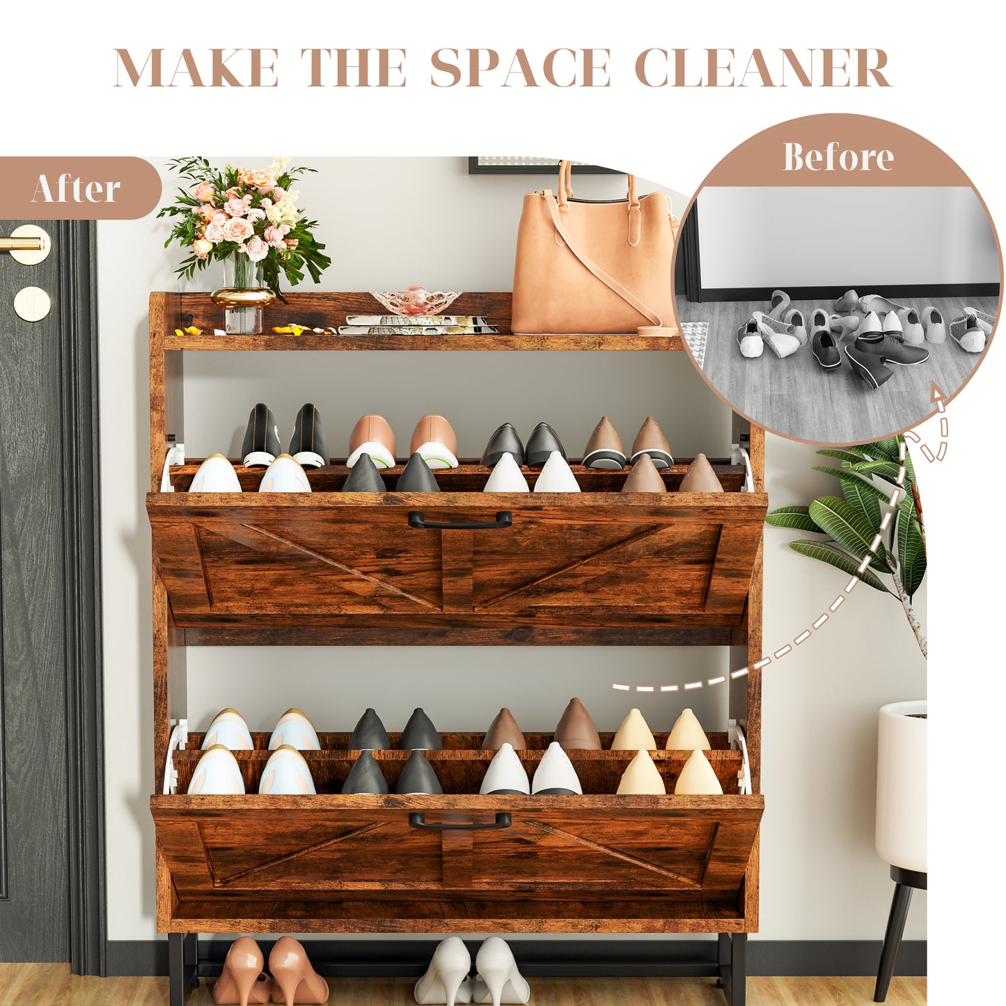 Tolead Shoe Storage Cabinet with 2 Flip Drawers, Metal Legs, Rustic Brown