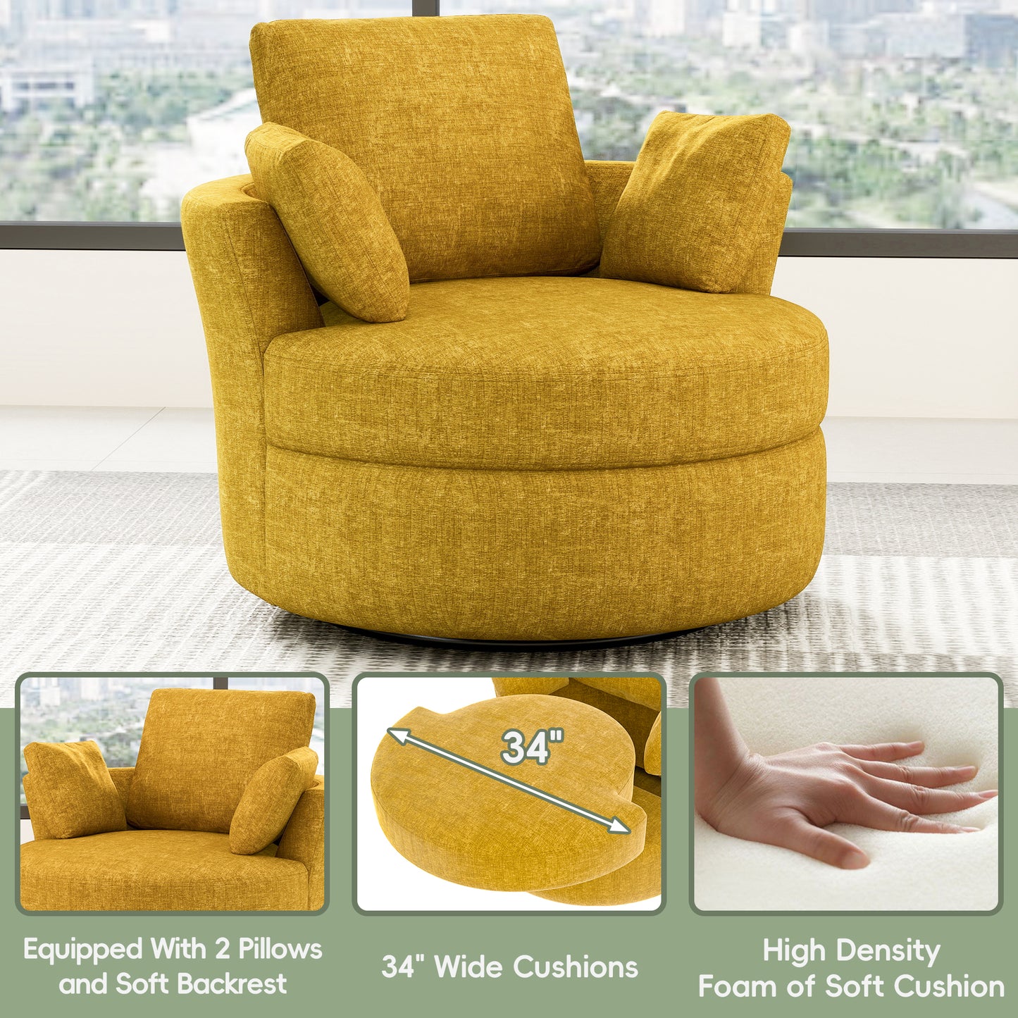 Tolead Upholstered Barrel Chair with 3 Pillows, Orange