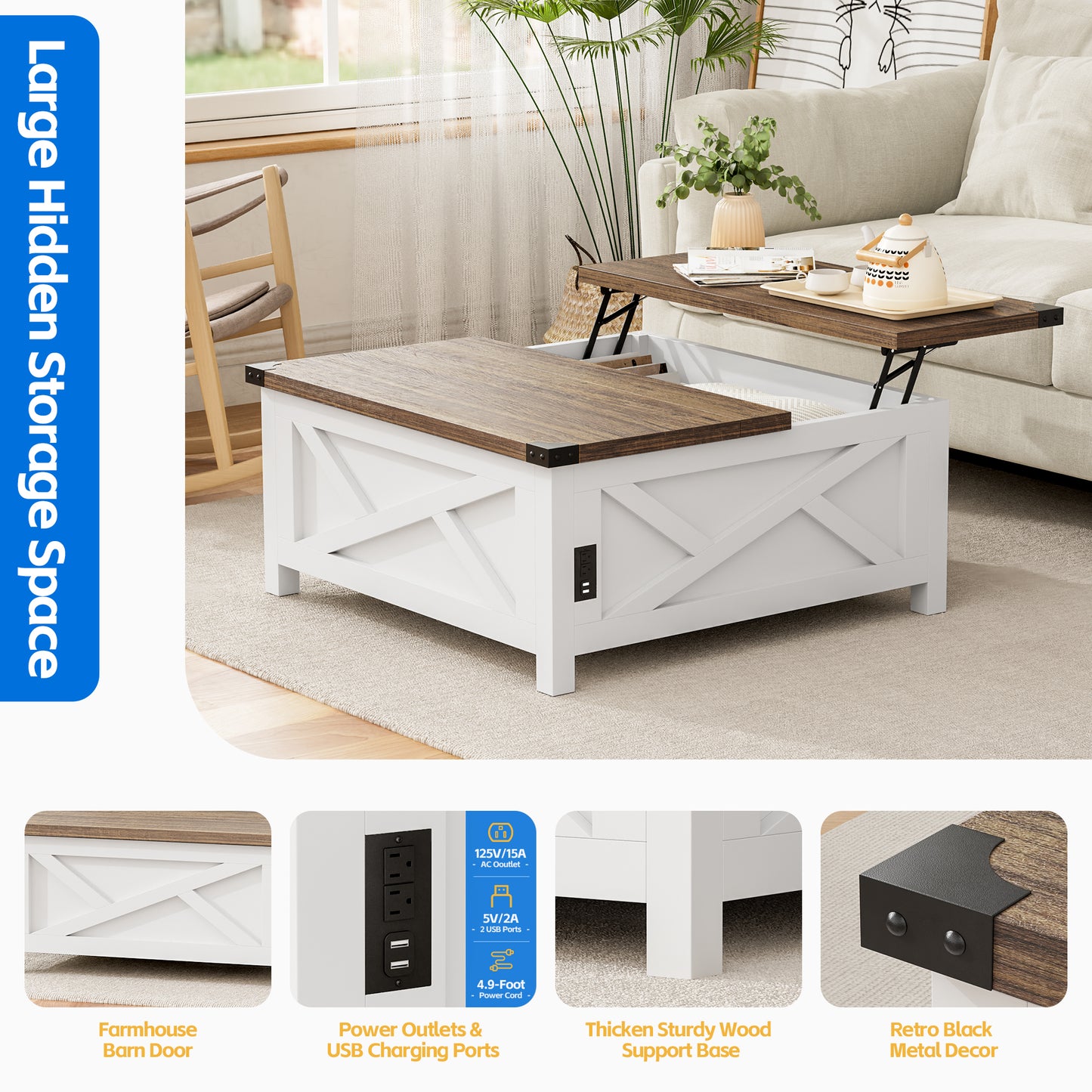 Tolead Lift Top Coffee Table, Farmhouse Wood Coffee Table with Hidden Storage and Charging Station for Living Room