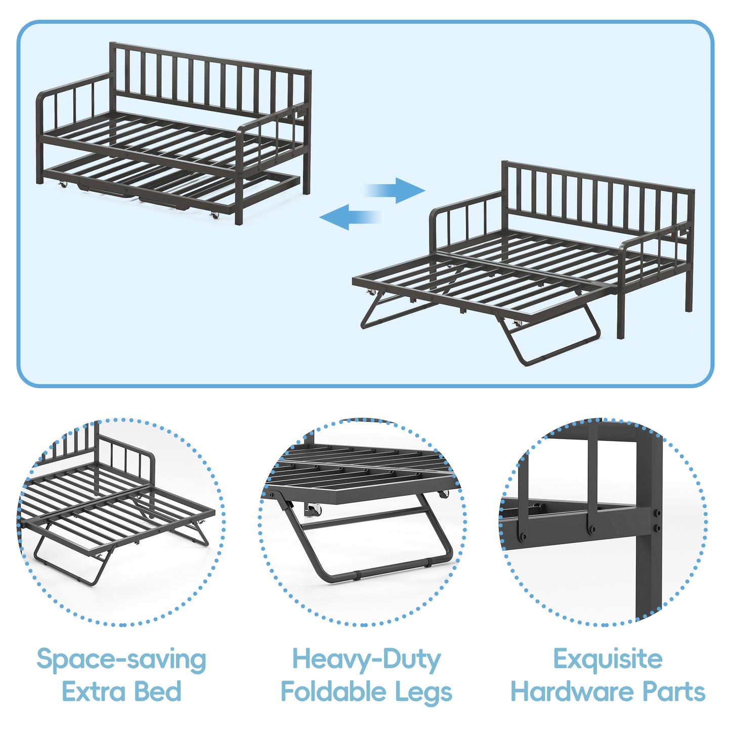 Tolead Twin Daybed with Trundle, Metal Sofa Bed Frame with LED and Charging Station, Black