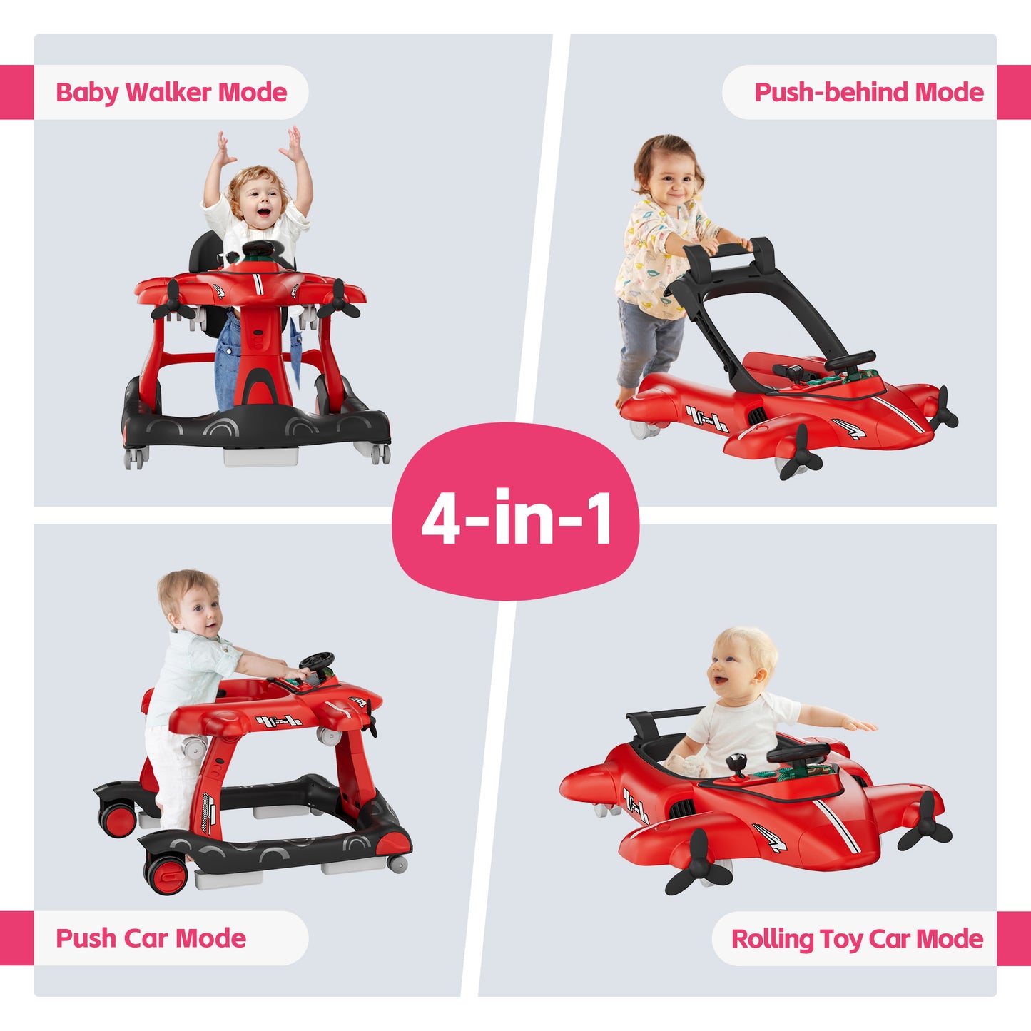Tolead 4-in-1 Foldable Baby Walker, Activity Push Walker for 6-18 months, 24" x 29" x 22",Red