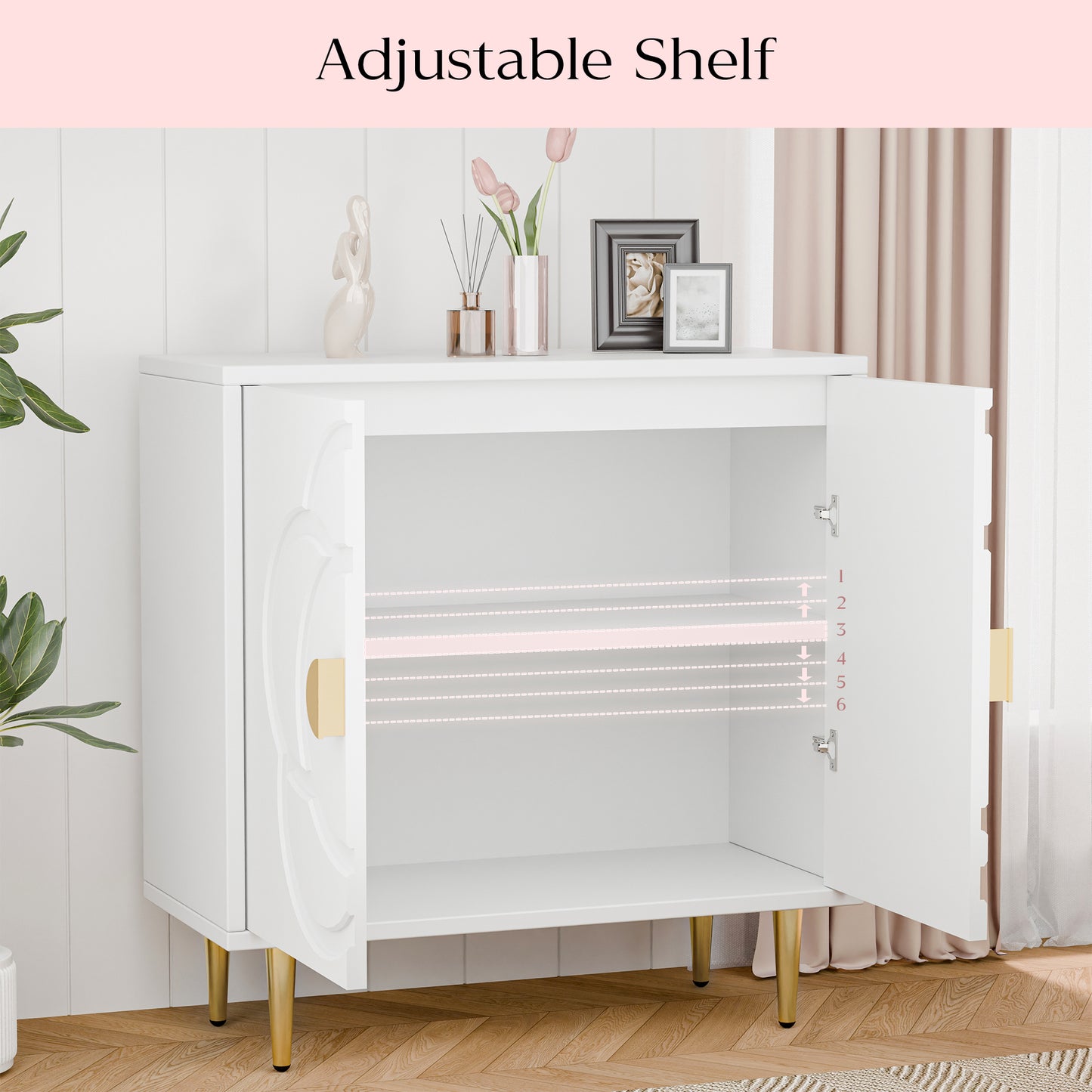 Tolead Storage Cabinet with Flower Pattern Panel, Modern Sideboard Buffet Cabinet, White