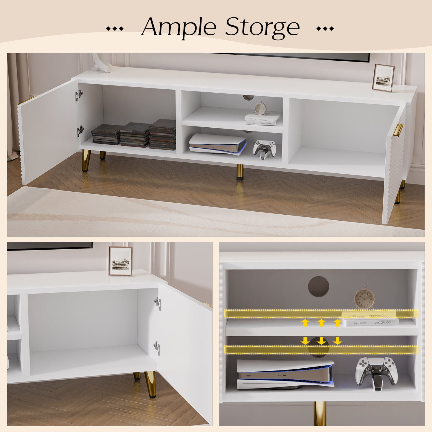 Tolead TV Console Table with Doors and Shelves, TV Stand, Waveform Panel with Gold Metal Legs, Living Room, White