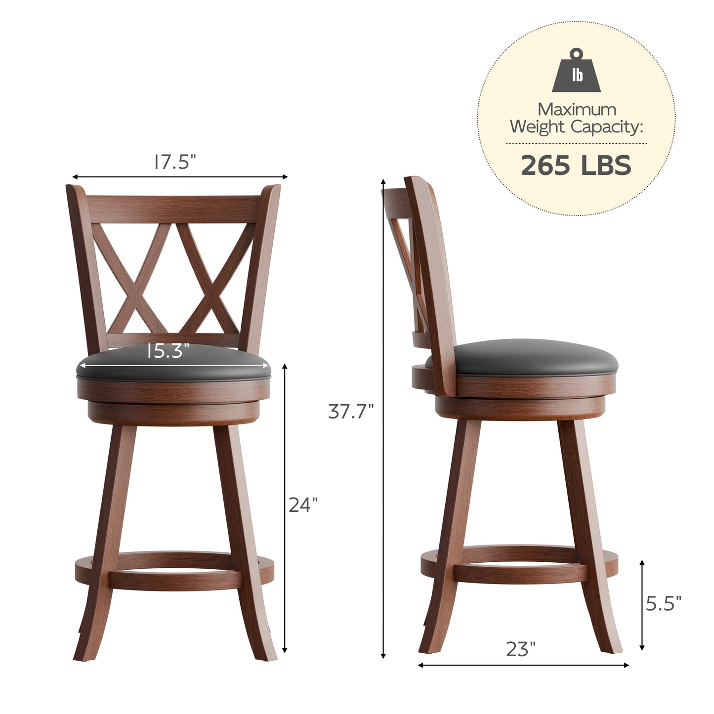 Tolead 2-Piece 24-Inch 360-Degree Swivel Bar Stools with PVC Cushioned Seat