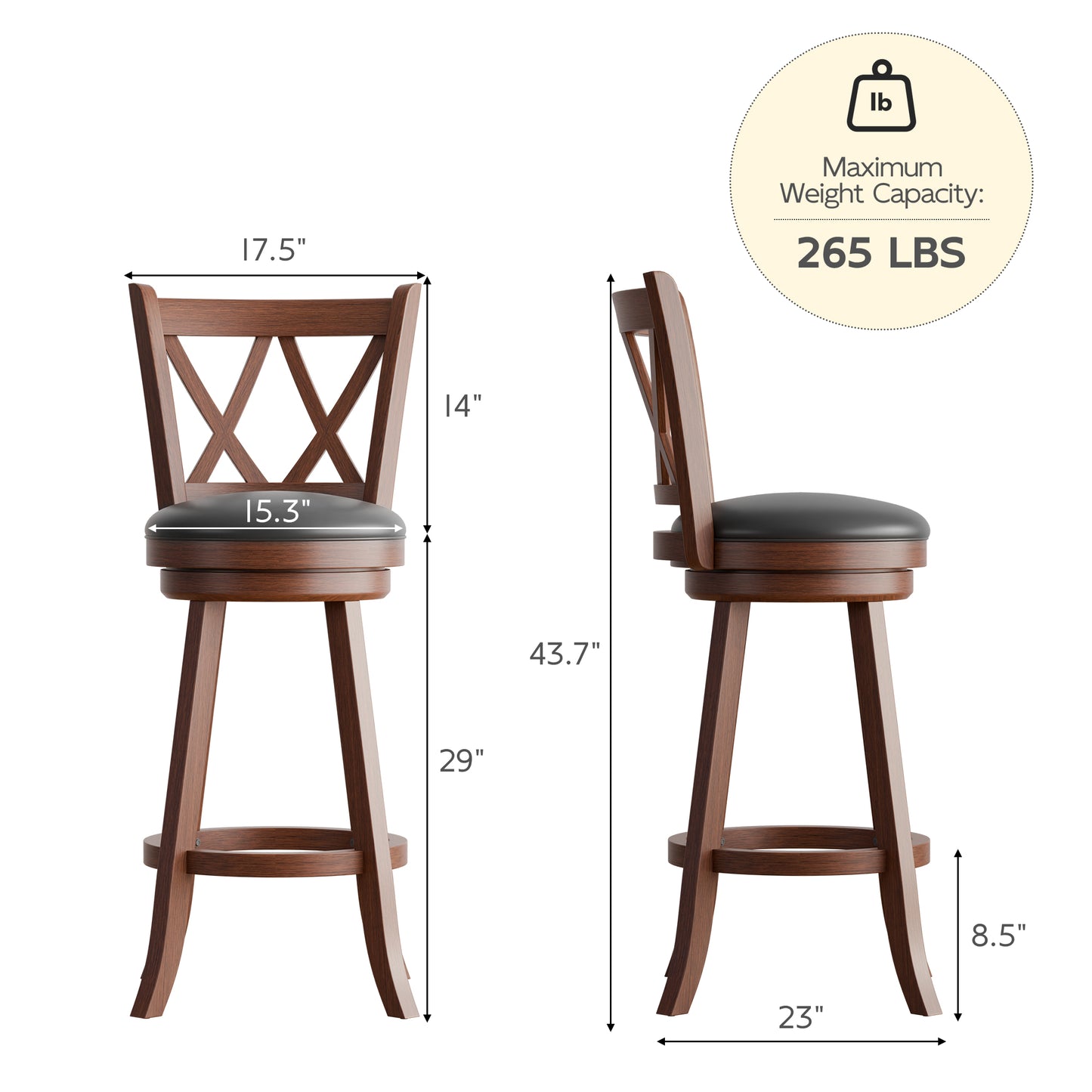 Tolead 2-Piece 24-Inch 360-Degree Swivel Bar Stools with PVC Cushioned Seat