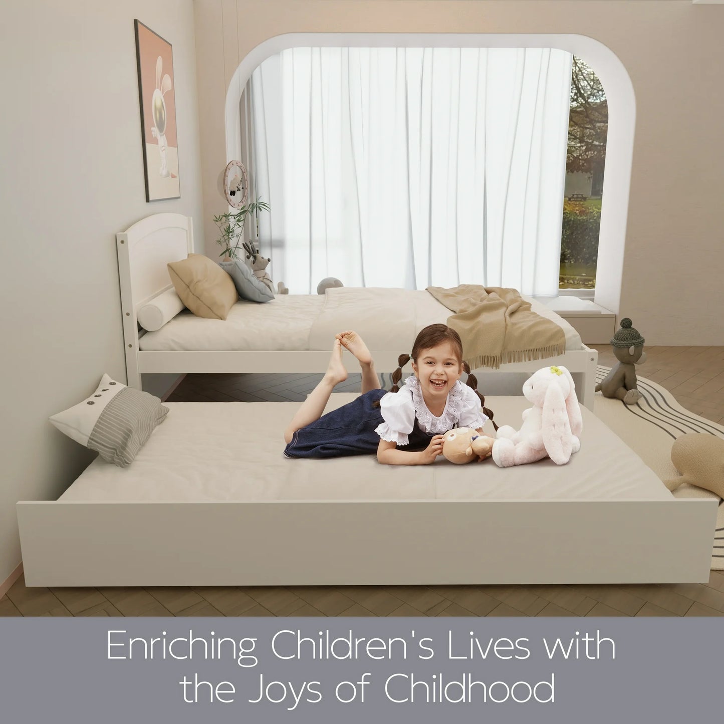 Tolead Twin Daybed with Trundle, Wood Sofa Bed Frame for Kids & Teens, Rustic, Sturdy, White