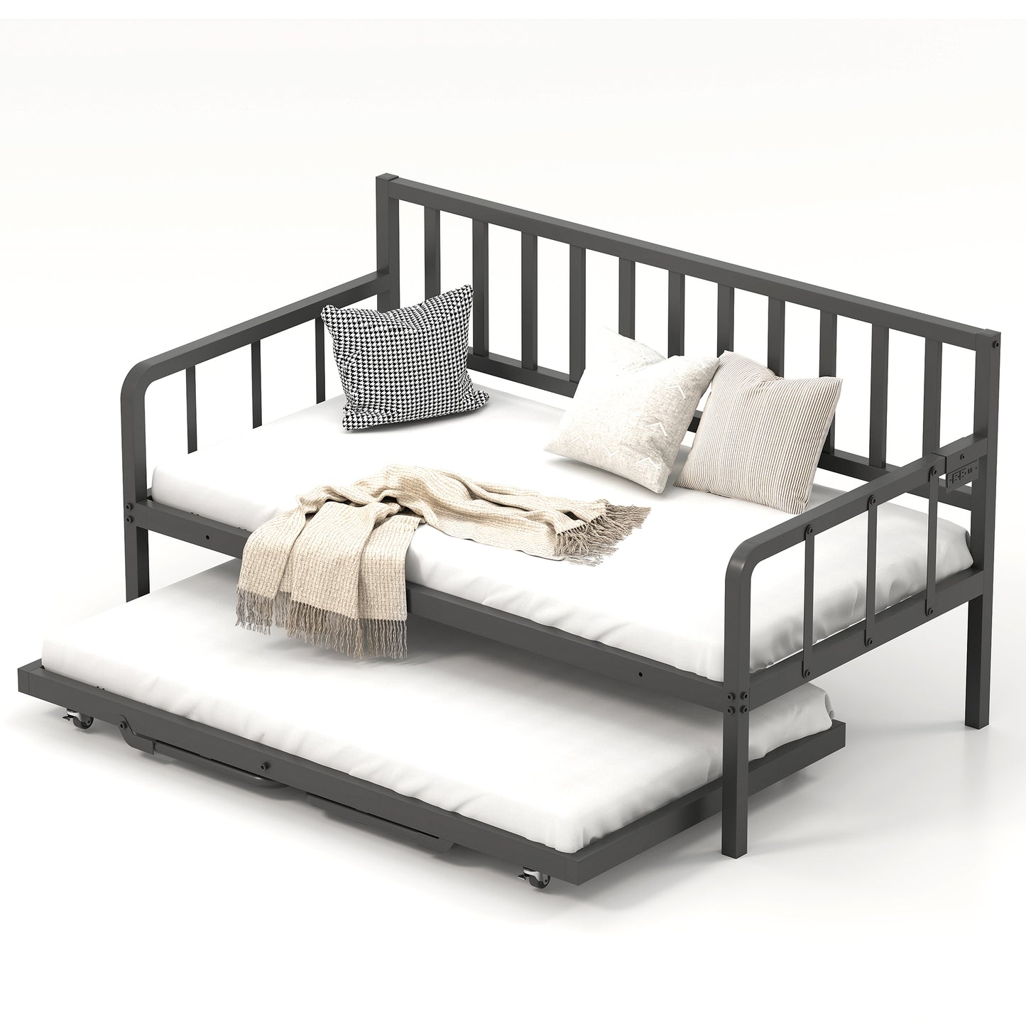 Tolead Twin Daybed with Trundle, Metal Sofa Bed Frame with LED and Charging Station, Black