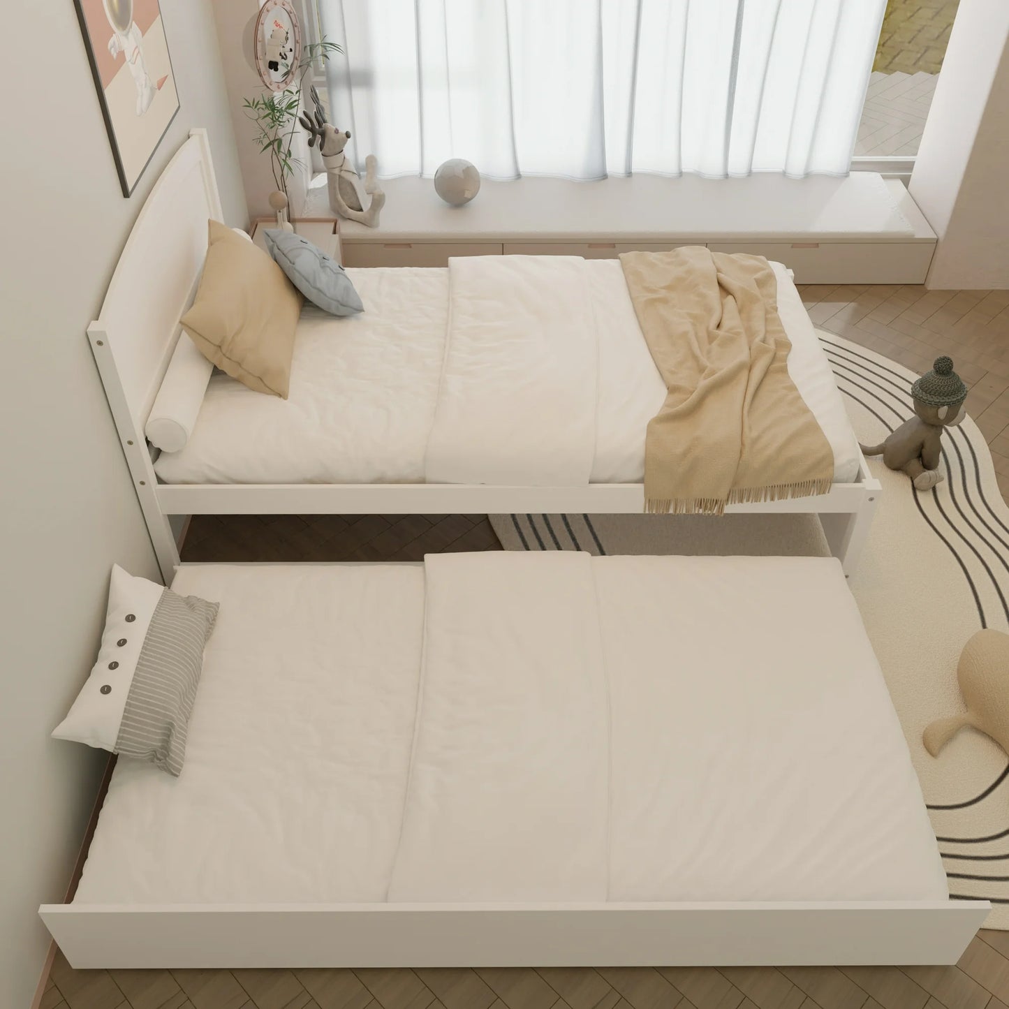 Tolead Twin Daybed with Trundle, Wood Sofa Bed Frame for Kids & Teens, Rustic, Sturdy, White