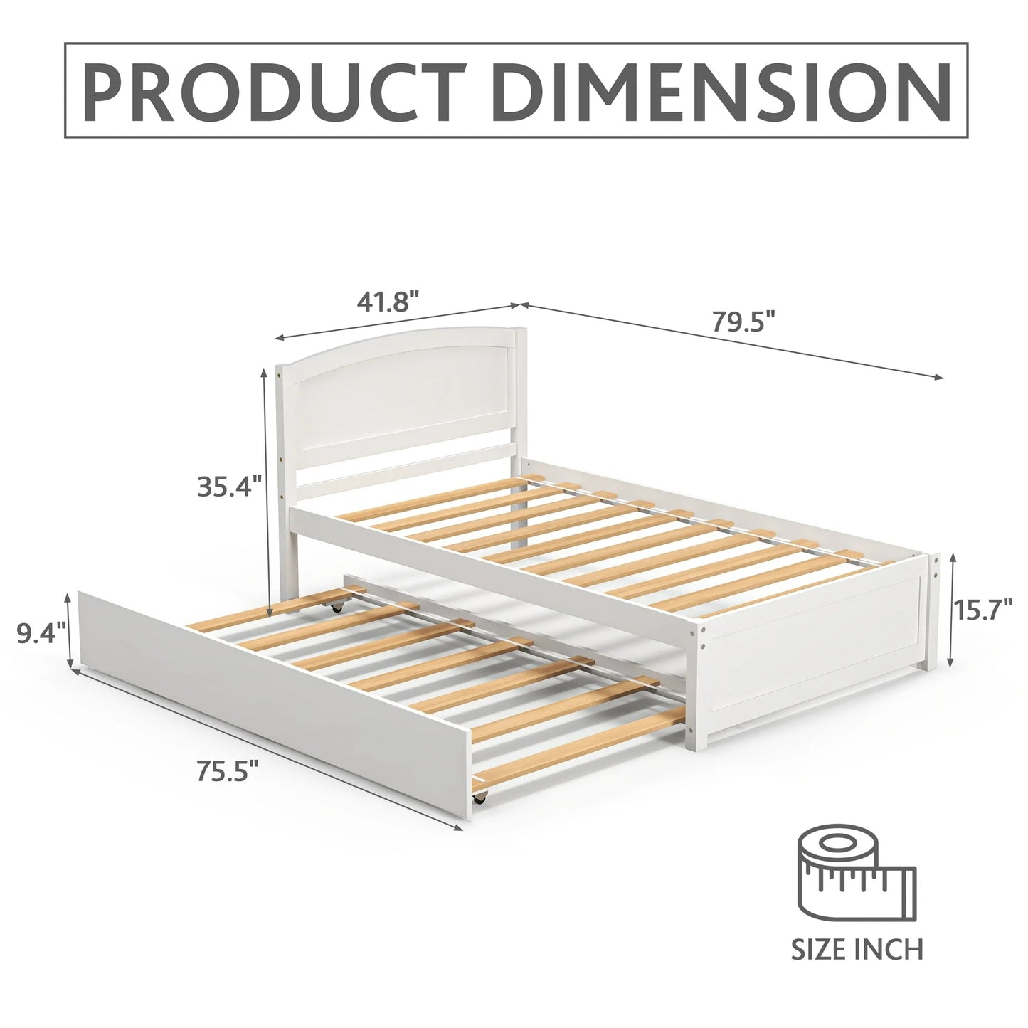Tolead Twin Daybed with Trundle, Wood Sofa Bed Frame for Kids & Teens, Rustic, Sturdy, White