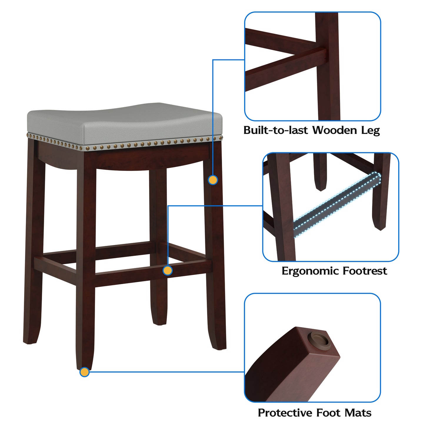 Tolead 24" Cambridge Wood 2-Piece Bar Stools with Gray Cushion, Espresso