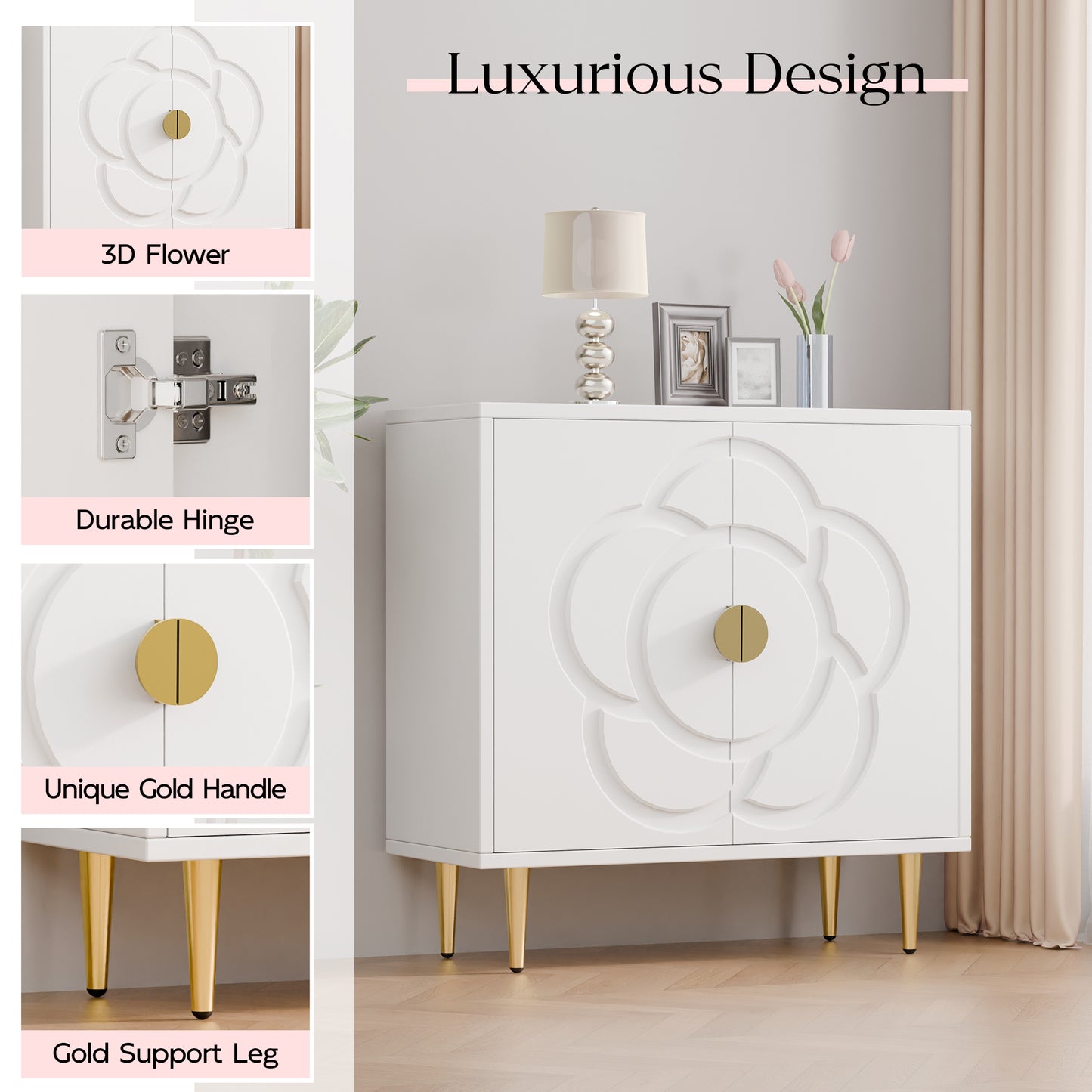 Tolead Storage Cabinet with Flower Pattern Panel, Modern Sideboard Buffet Cabinet, White