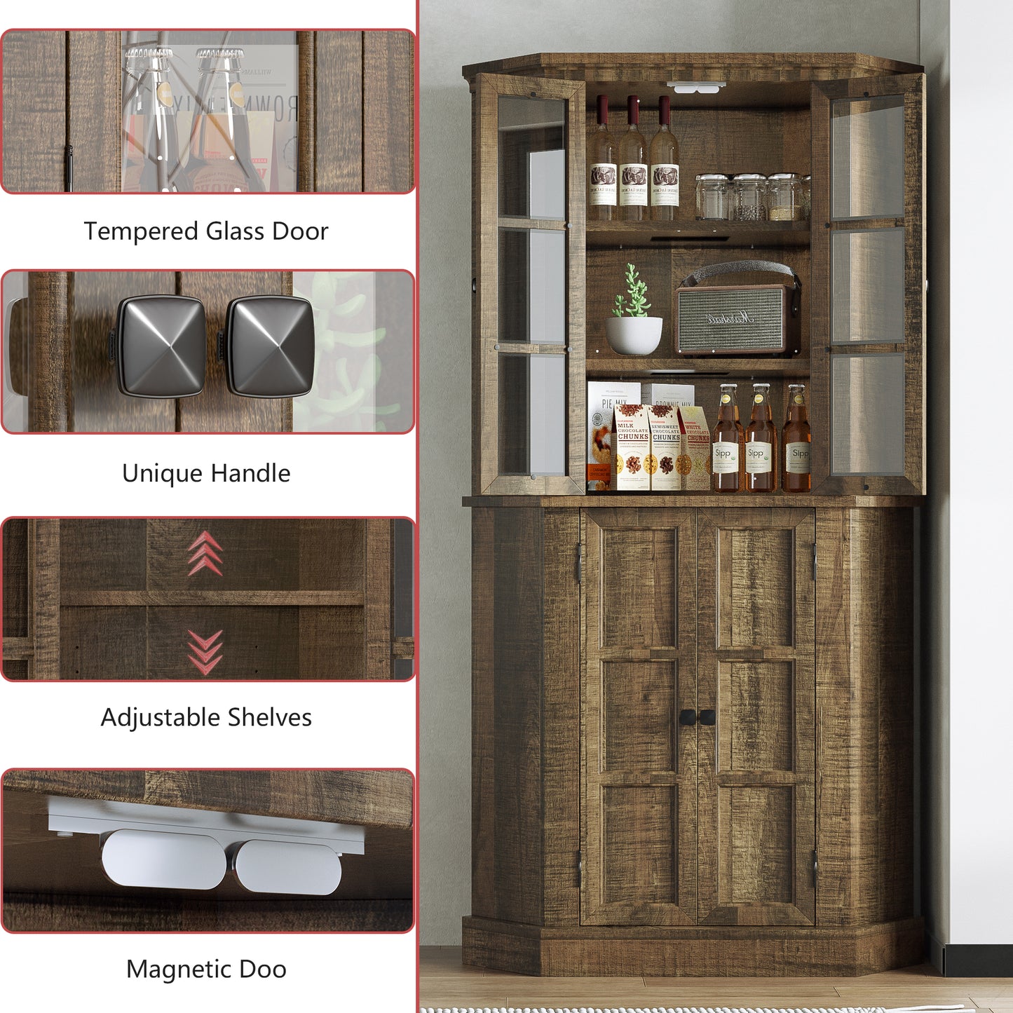 Tolead 67" Tall Farmhouse Corner Cabinet, 6 Tier Height-adjustable Corner Pantry Cabinet with Glass Door
