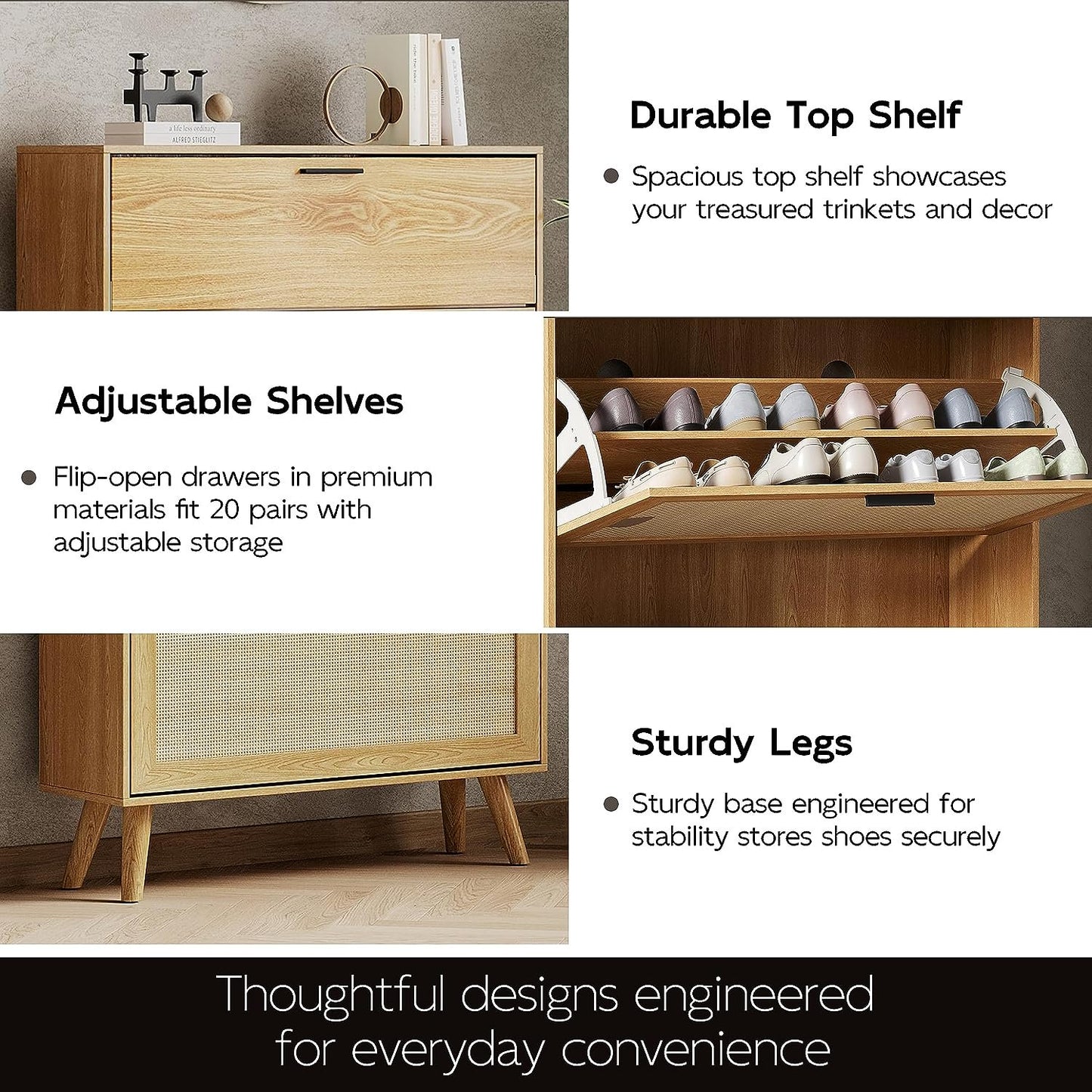 Tolead Nature Rattan Shoe Cabinet for 20 Pairs with Drawers and Shelves