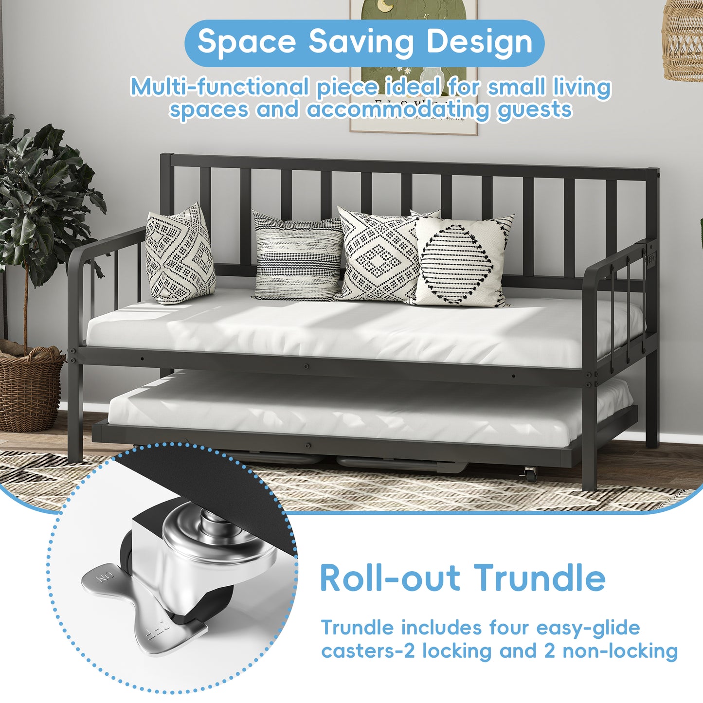 Tolead Twin Daybed with Trundle, Metal Sofa Bed Frame with LED and Charging Station, Black