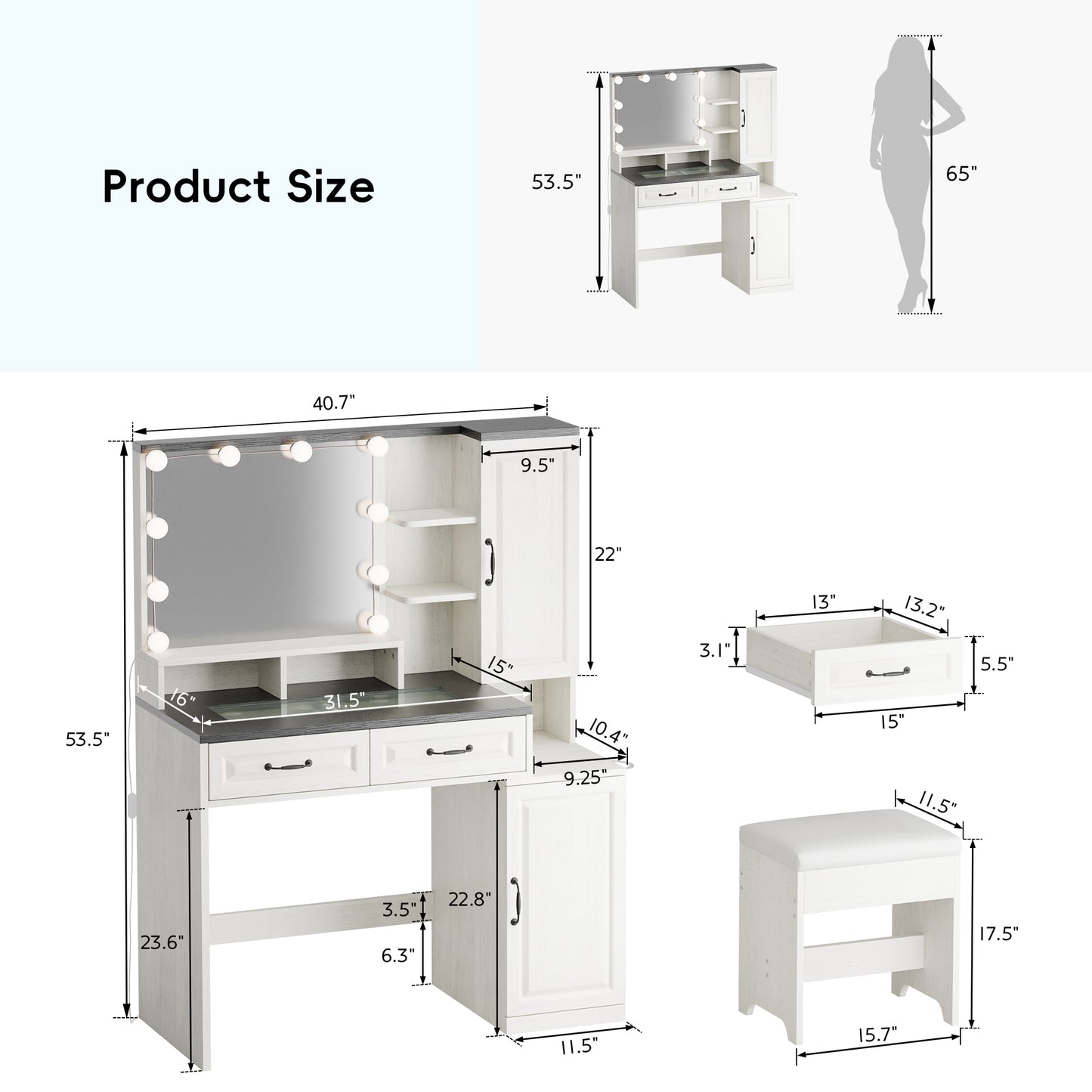 Tolead Contemporary 1 Piece Adult Vanity Table Set with LED Lights, White