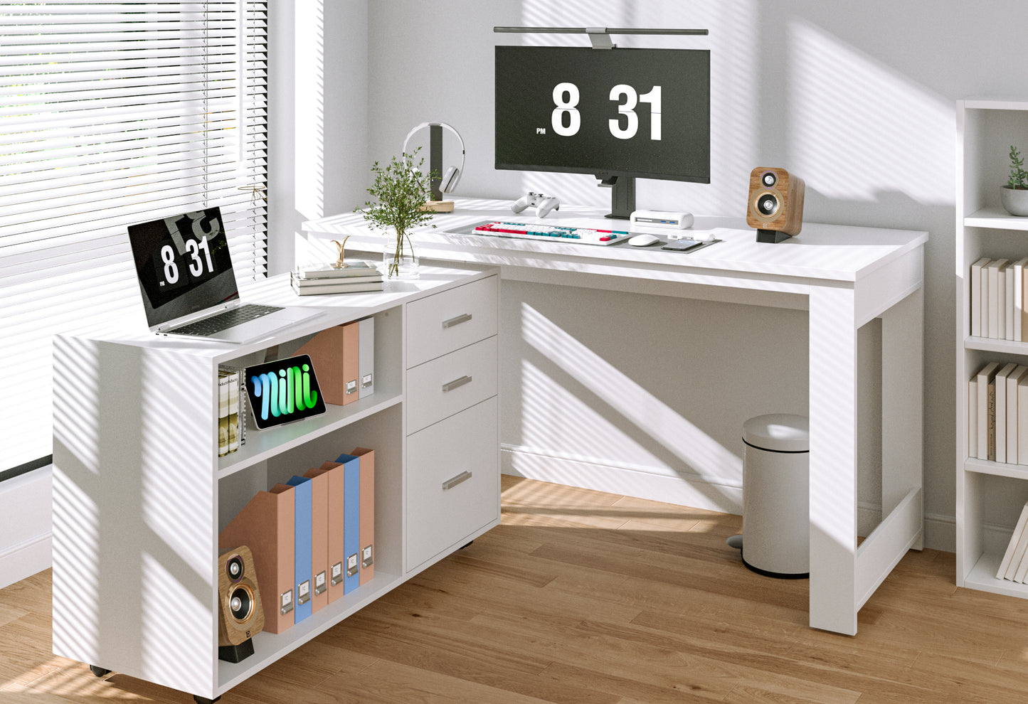 Tolead L-Shaped Desk with Drawers and 2 Shelf, 55 Inch