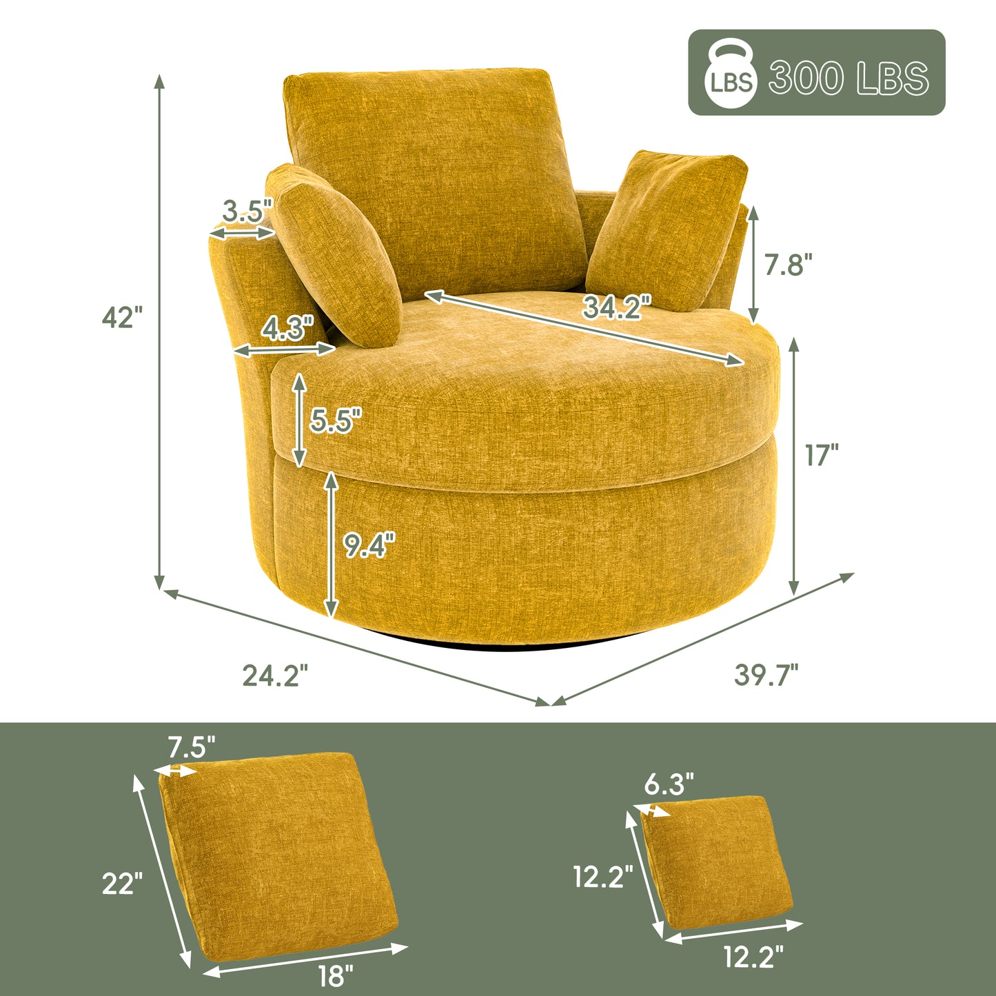 Tolead Upholstered Barrel Chair with 3 Pillows, Orange