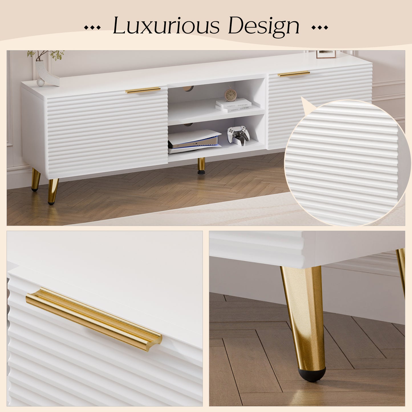 Tolead TV Console Table with Doors and Shelves, TV Stand, Waveform Panel with Gold Metal Legs, Living Room, White