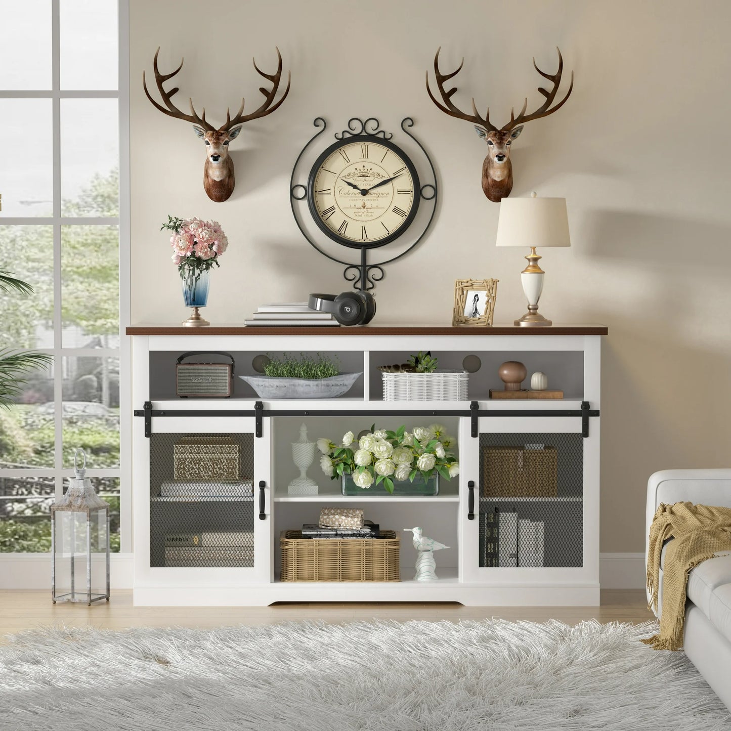 Tolead Farmhouse Style TV Stand for 65"+ TVs, Top, Sturdy, Dvds, Tall Entertainment Center, White