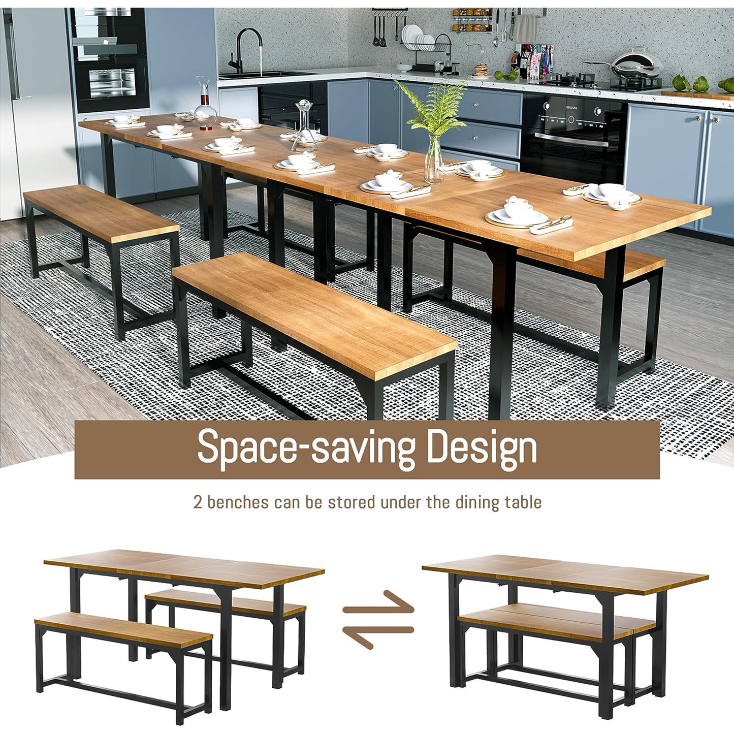 Tolead 3 Piece 47-63" Wood Dining Table Set with 2 Benches, for 4-8 Person, Home, Kitchen, Dining
