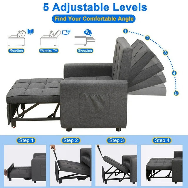 3-in-1 Folding Sofa Bed, Pull Out Sleeper Armchair, Adjustable, Metal, Bedroom, Adult, Gray