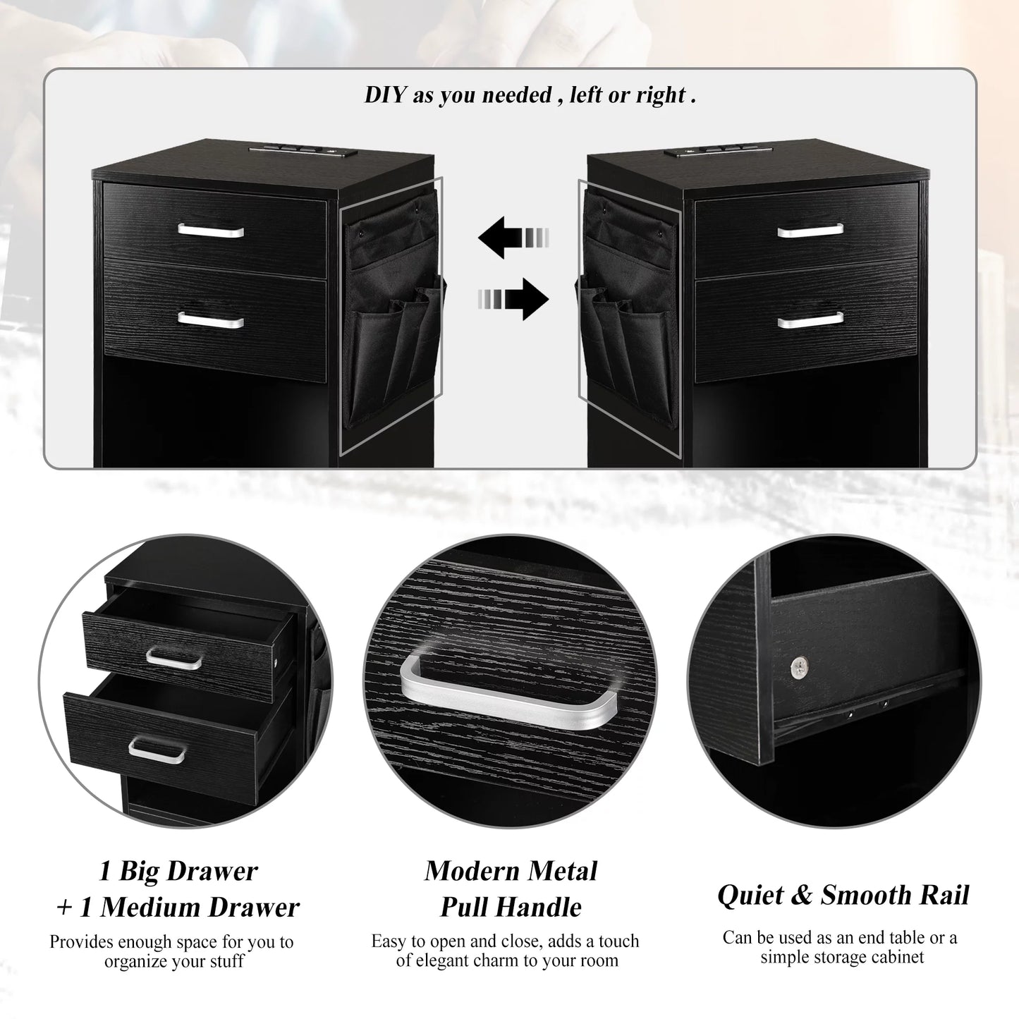 Tolead Black Wood Nightstand with Charging Station, 2 Storage Drawer & Open Shelf, Bedroom, Office, Adult