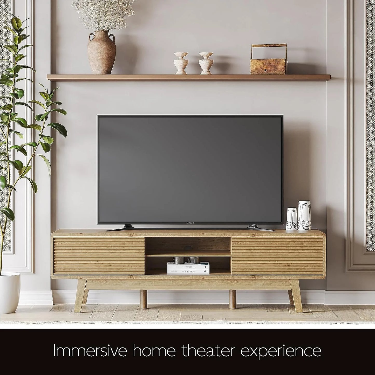 Tolead 59" Low Profile Boho Wooden TV Stand up to 65" TV with Natural Wood Sliding Doors