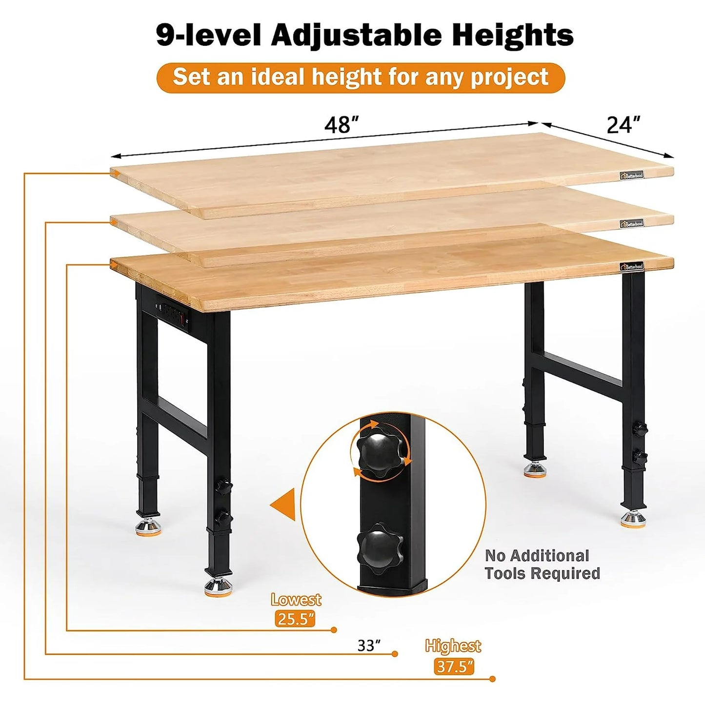 Tolead 48" Heavy-Duty Adjustable Workbench with Power Outlets, Rubber Wood Shop Table, Workstation