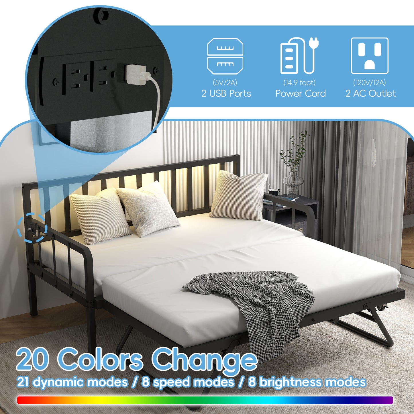 Tolead Twin Daybed with Trundle, Metal Sofa Bed Frame with LED and Charging Station, Black