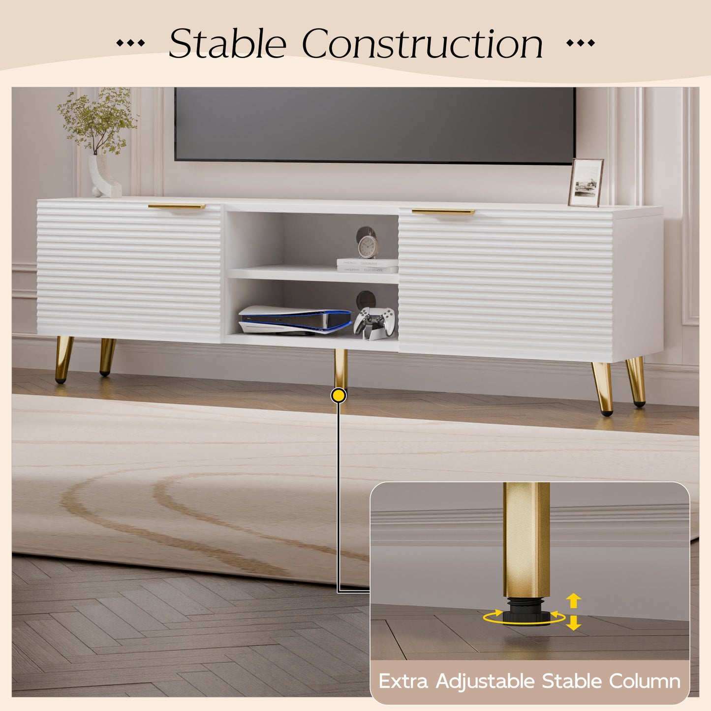 Tolead TV Console Table with Doors and Shelves, TV Stand, Waveform Panel with Gold Metal Legs, Living Room, White