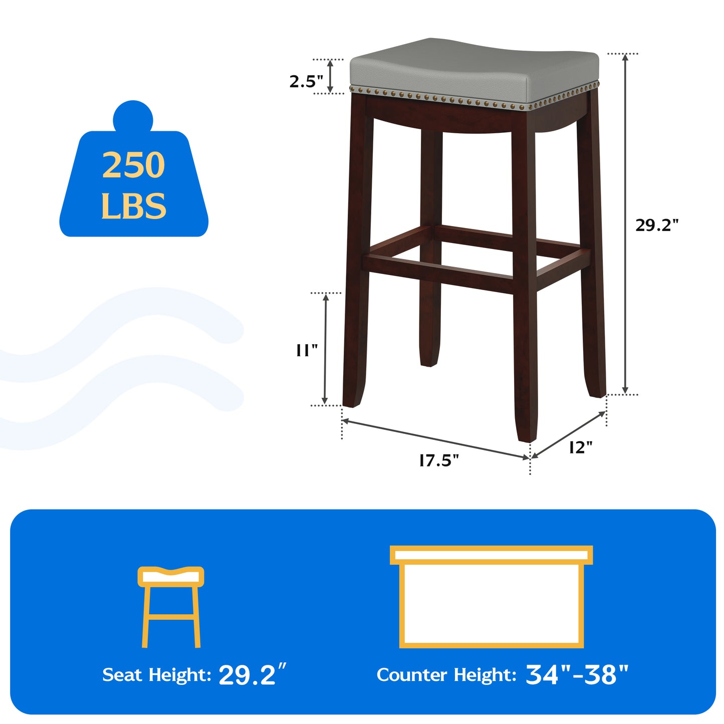 Tolead 24" Cambridge Wood 2-Piece Bar Stools with Gray Cushion, Espresso