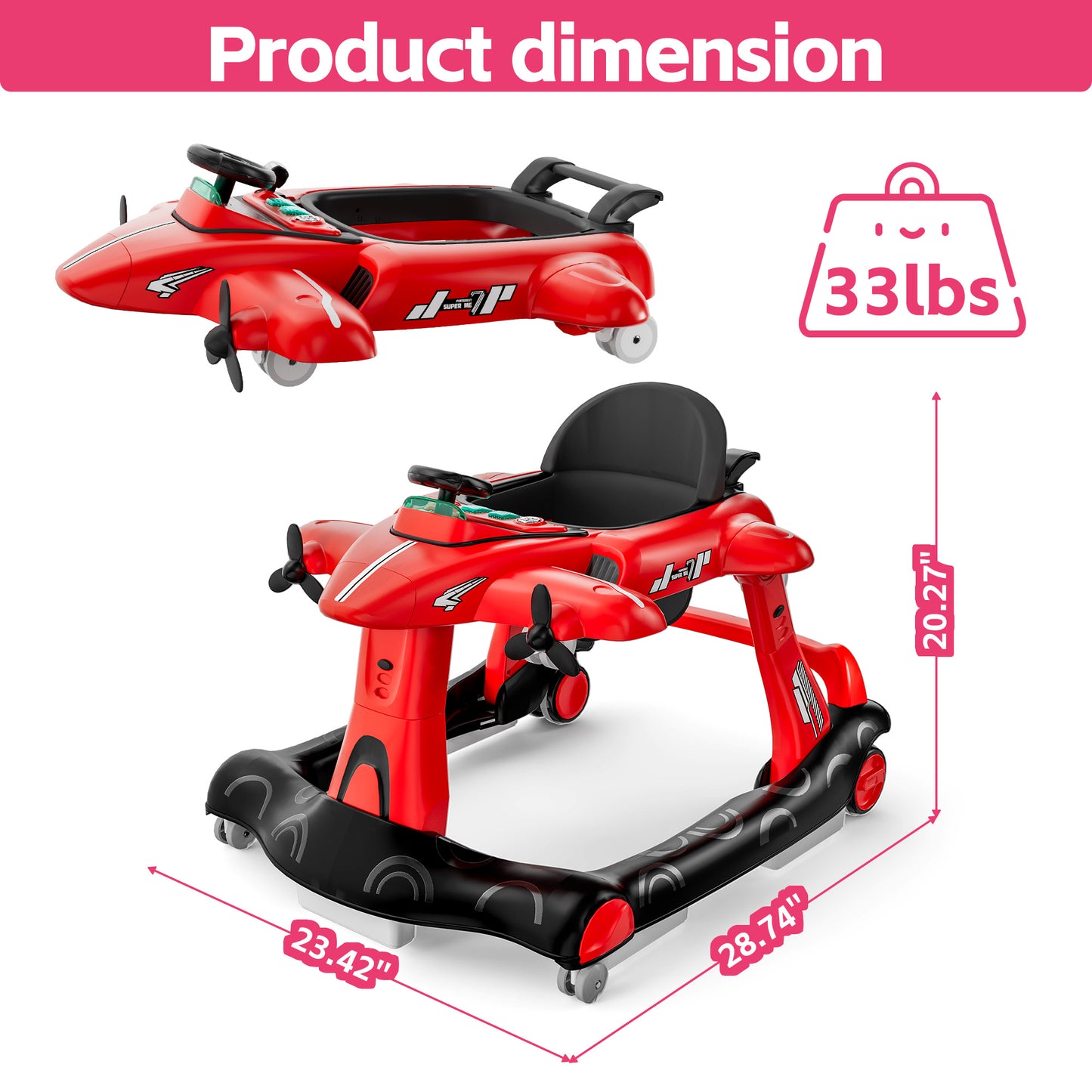Tolead 4-in-1 Foldable Baby Walker, Activity Push Walker for 6-18 months, 24" x 29" x 22",Red