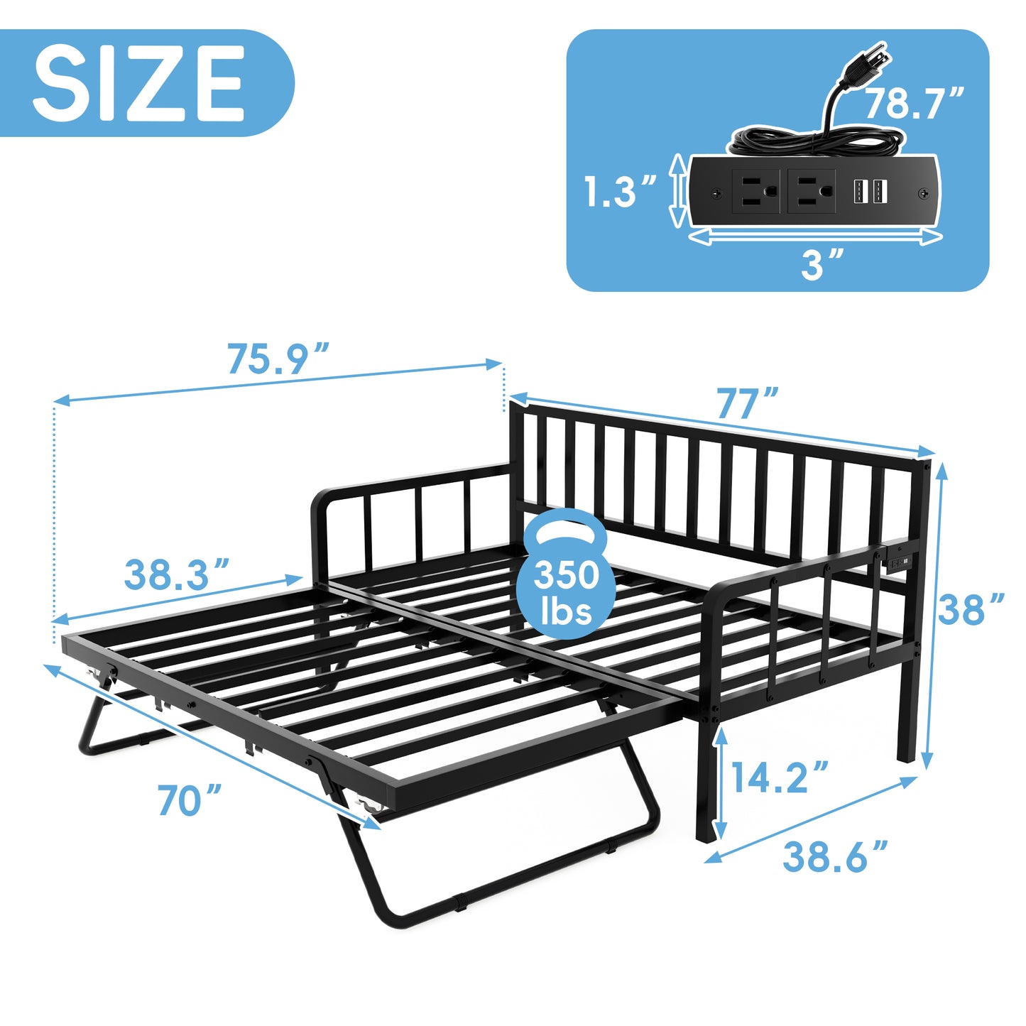 Tolead Twin Daybed with Trundle, Metal Sofa Bed Frame with LED and Charging Station, Black