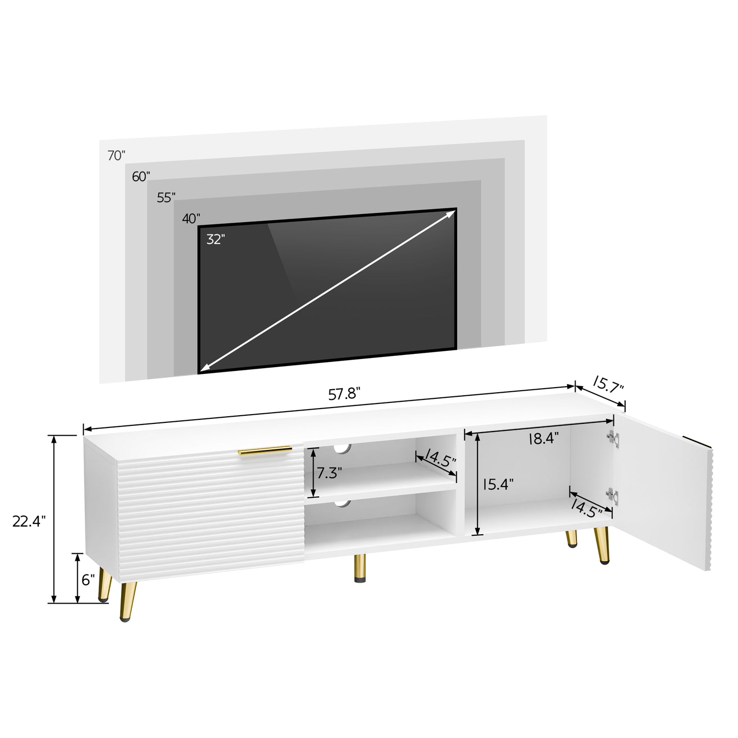 Tolead TV Console Table with Doors and Shelves, TV Stand, Waveform Panel with Gold Metal Legs, Living Room, White