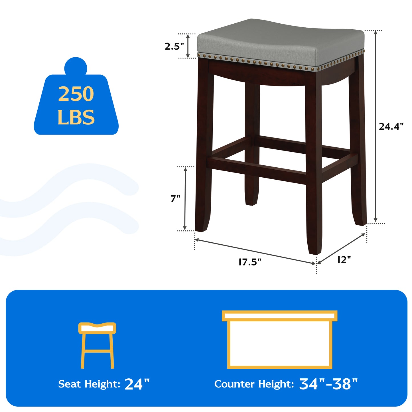Tolead 24" Cambridge Wood 2-Piece Bar Stools with Gray Cushion, Espresso